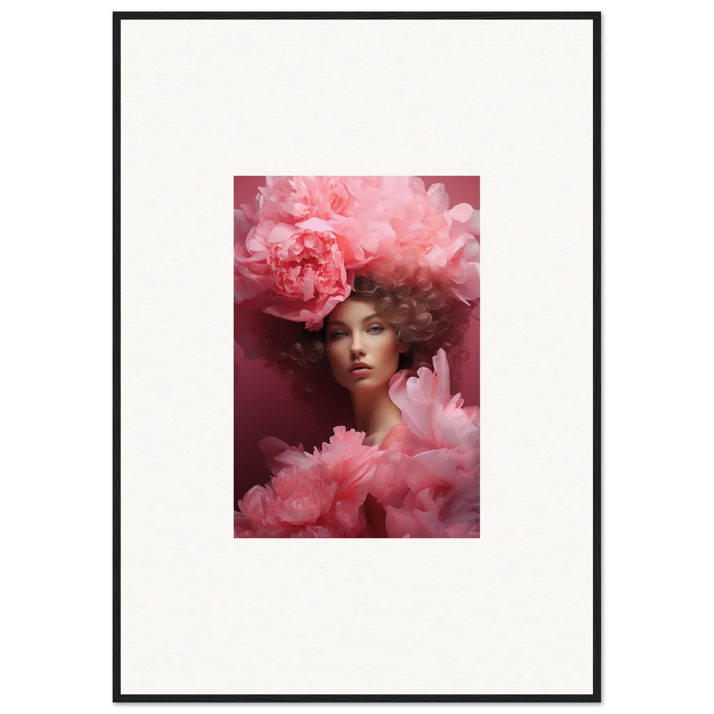 Framed portrait of a woman with pink flowers for a dreamy room decoration canvas print