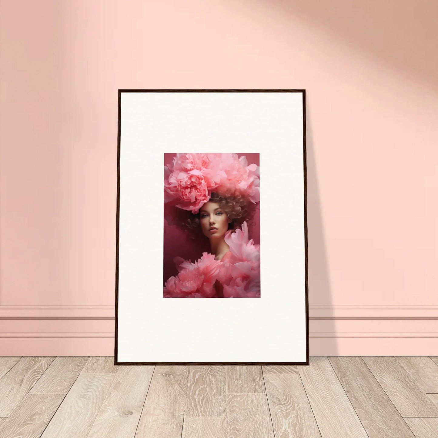 Framed Blossom Dreamscape Whispers canvas print with a portrait and pink flowers