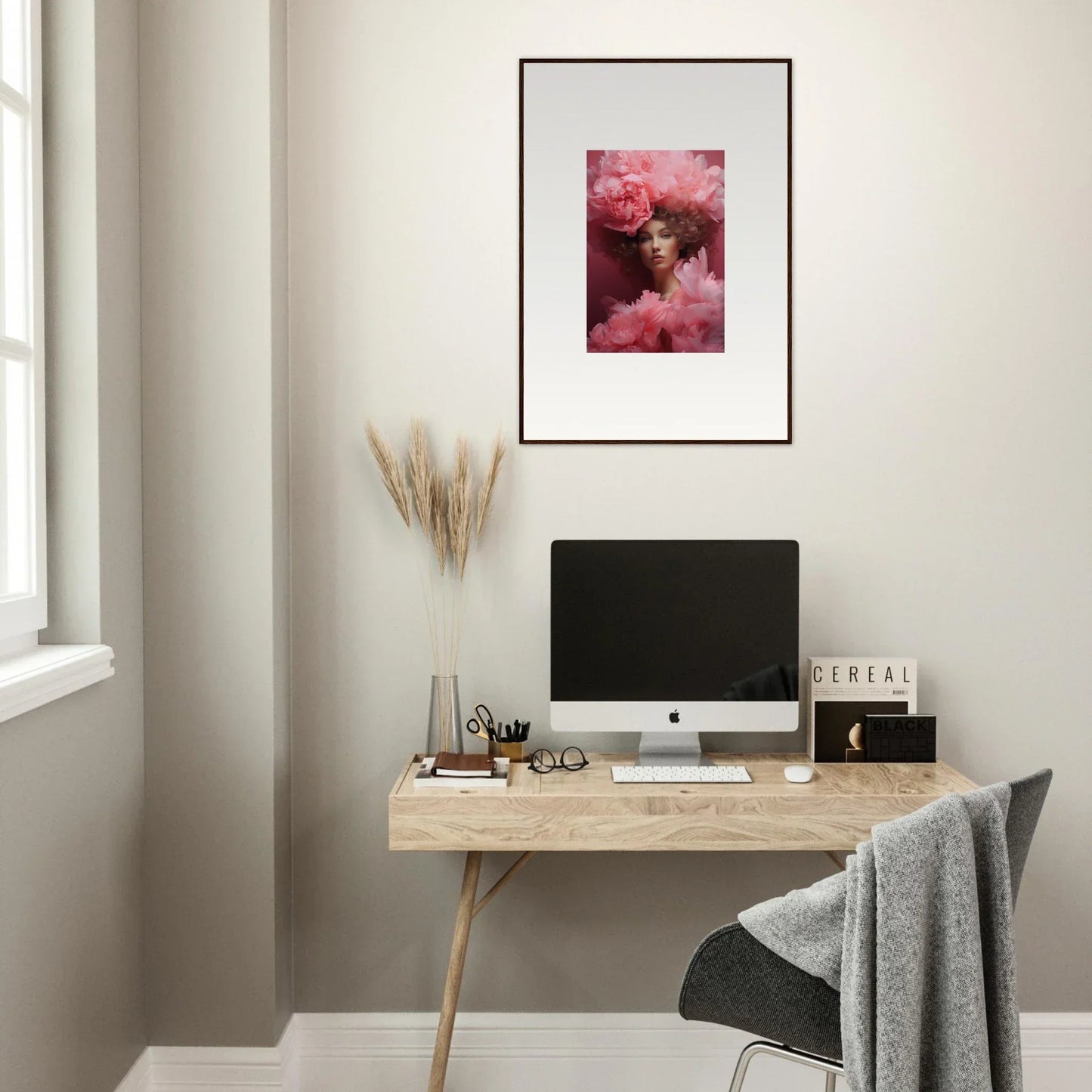 Minimalist wooden desk setup with computer and Dreamscape Whispers canvas print