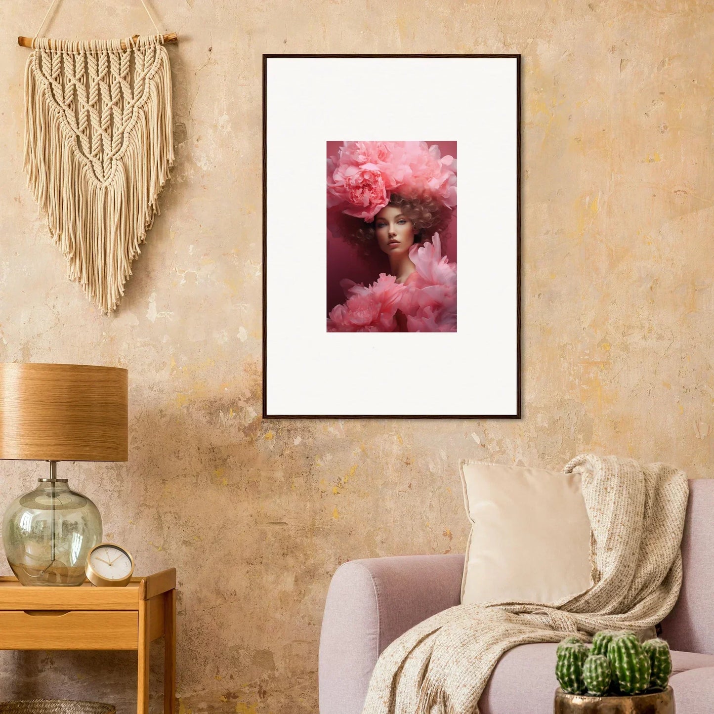 Framed portrait with pink flowers, perfect for your room decoration, Blossom Dreamscape Whispers canvas print
