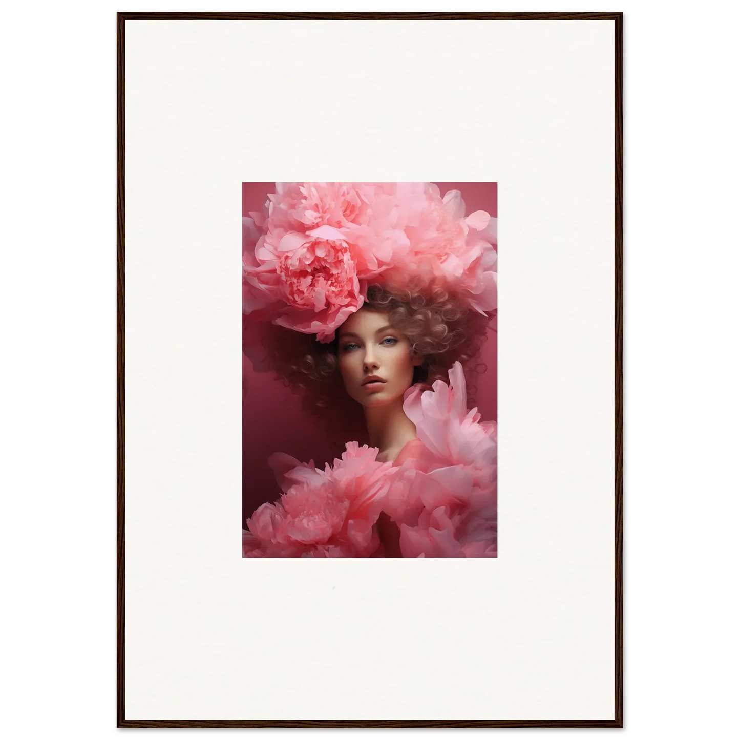 Framed portrait of a figure with pink flowers, perfect for dreamscape whispers room decoration