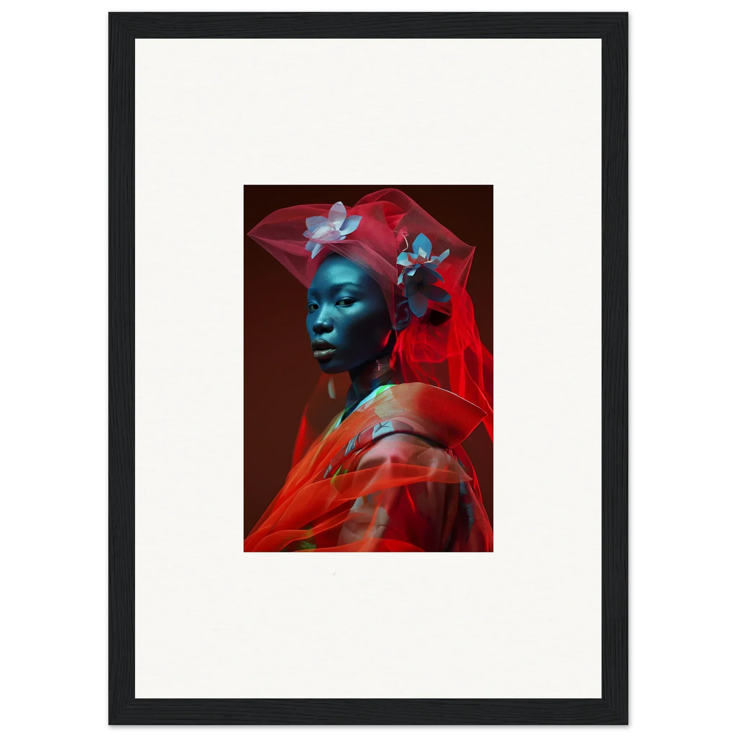 Striking canvas print of a person with blue skin and red fabric, perfect for room decoration