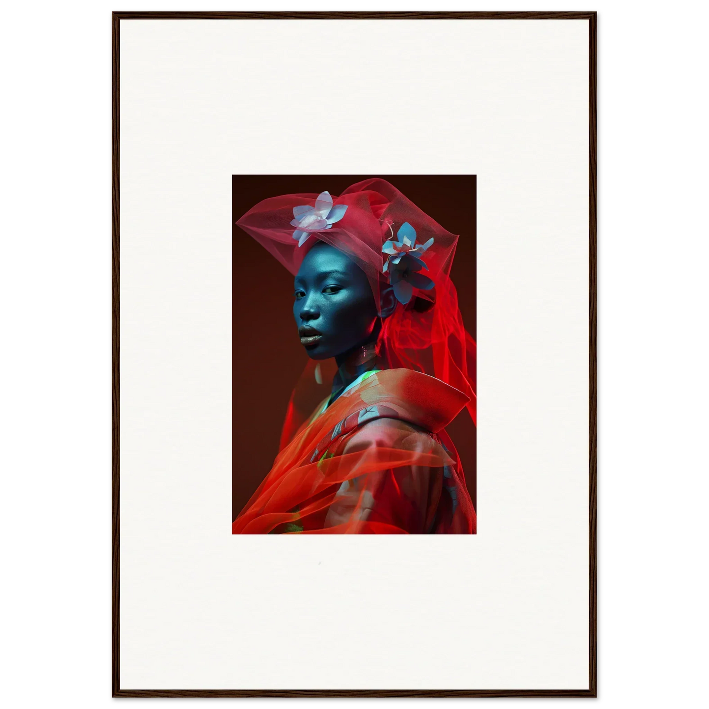 Striking portrait of a person with blue-tinted skin and red fabric for a unique canvas print
