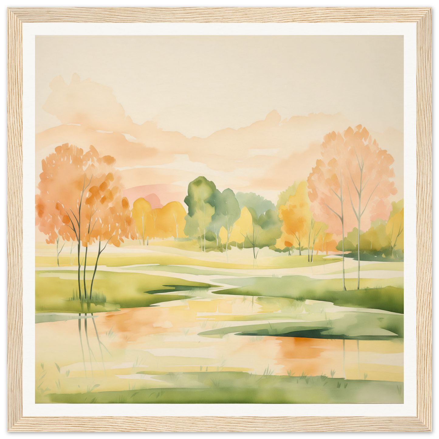 Watercolor painting of an autumn landscape featuring Blushing Epochs Stream in vibrant colors