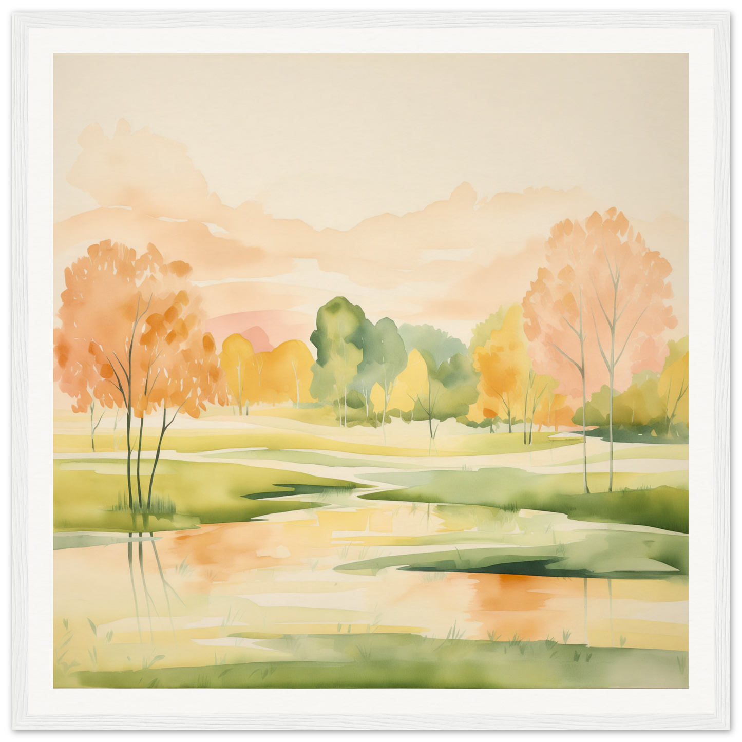 Watercolor painting of autumn landscape featuring Blushing Epochs Stream in vibrant hues