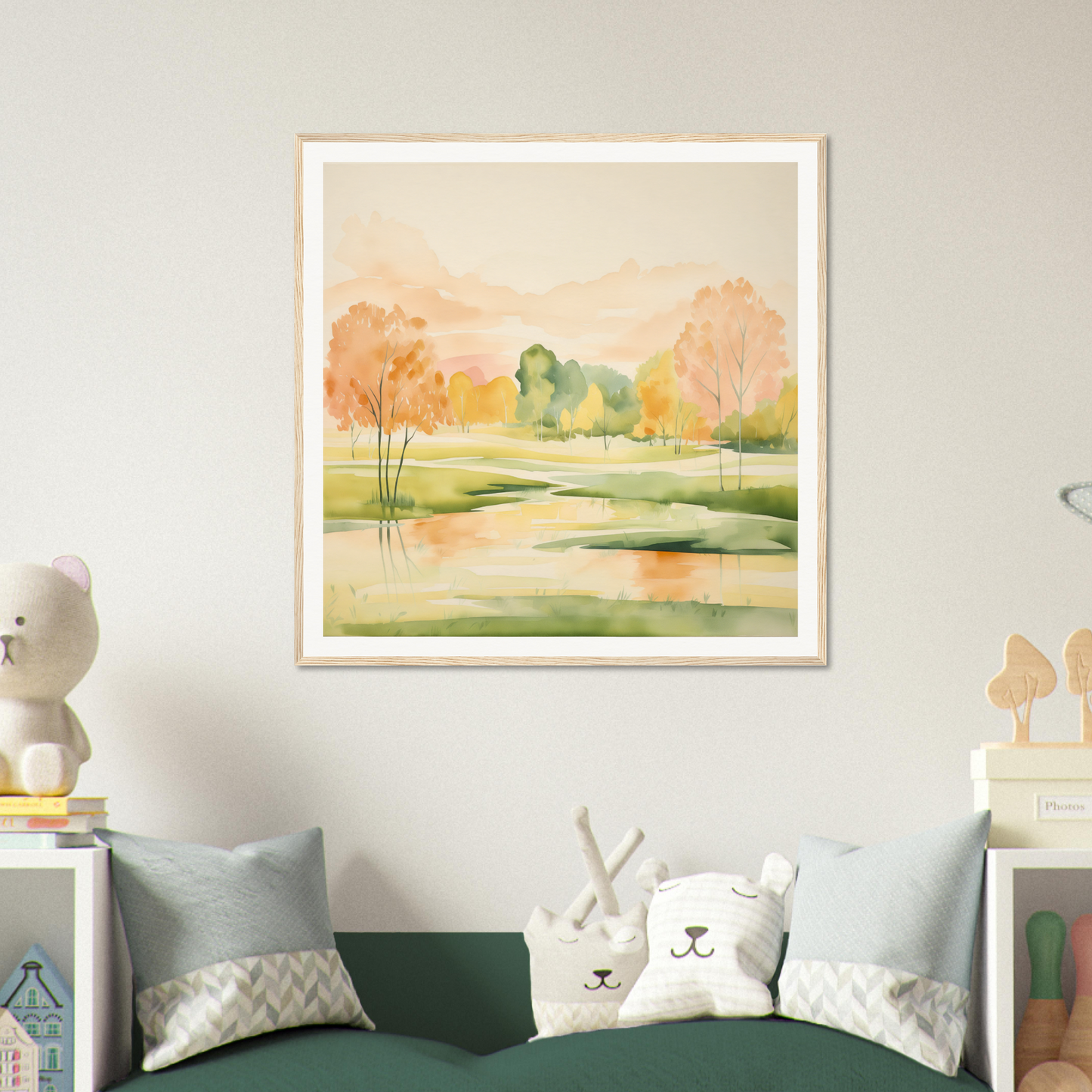 Framed watercolor painting of autumn landscape in Blushing Epochs Stream special edition art™