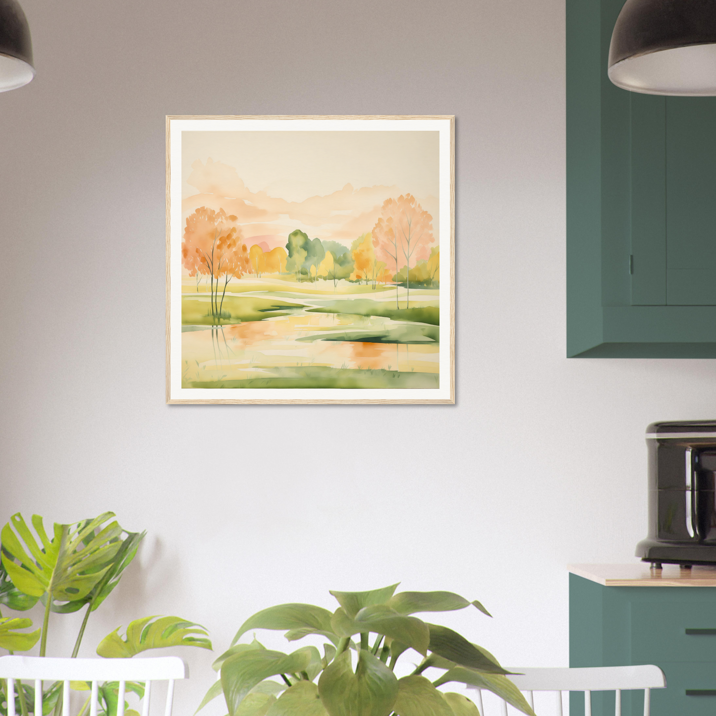 Framed watercolor painting of Blushing Epochs Stream featuring serene landscape and reflections