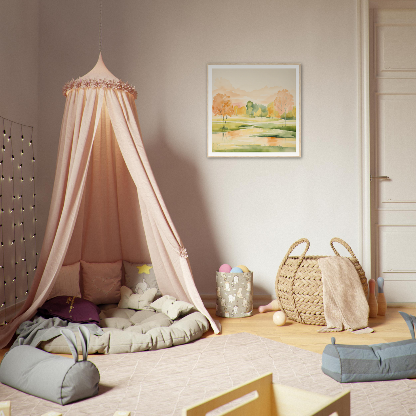 Pink fabric canopy tent with cushions beneath; Blushing Epochs Stream special edition art™