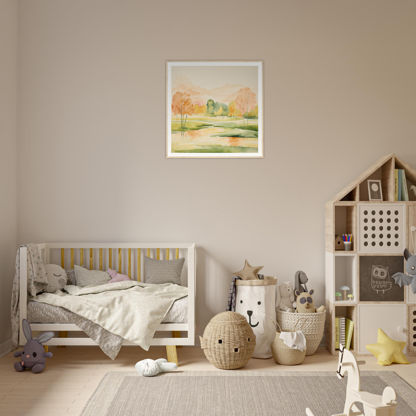 Cozy nursery featuring Blushing Epochs Stream decor, wooden crib, and woven storage baskets