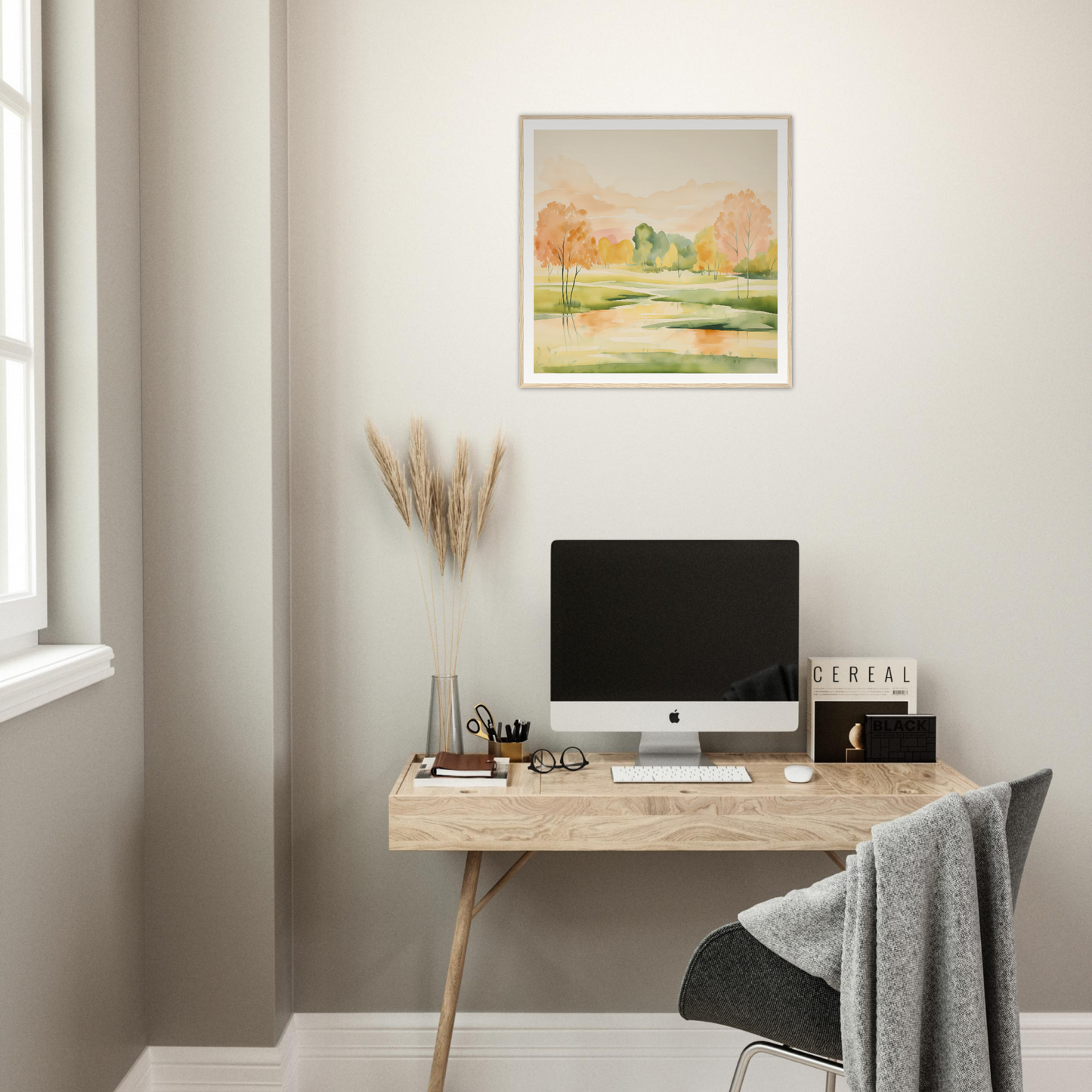 Minimalist wooden desk with iMac and accessories from Blushing Epochs Stream
