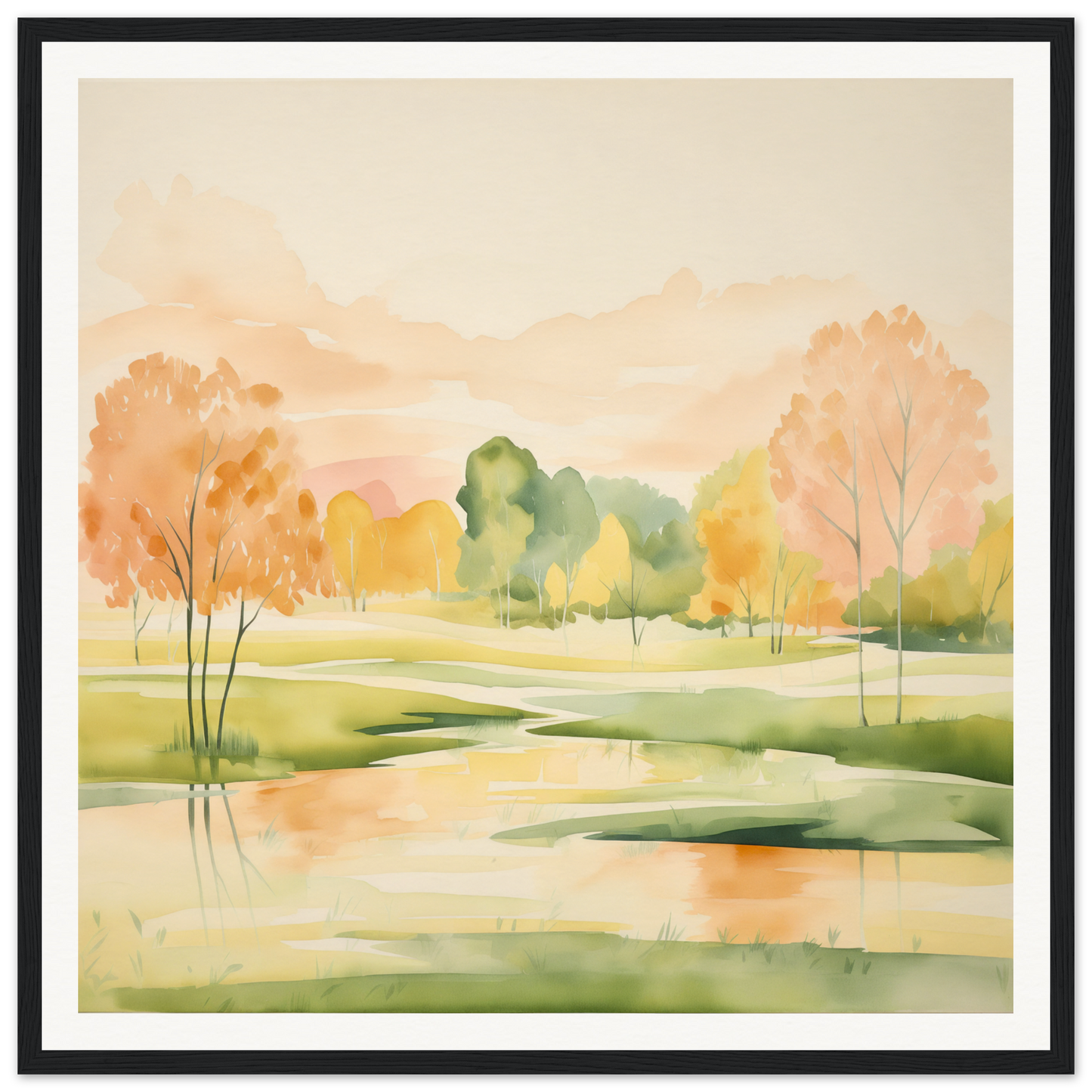 Watercolor painting of autumn landscape reflecting in pond, Blushing Epochs Stream