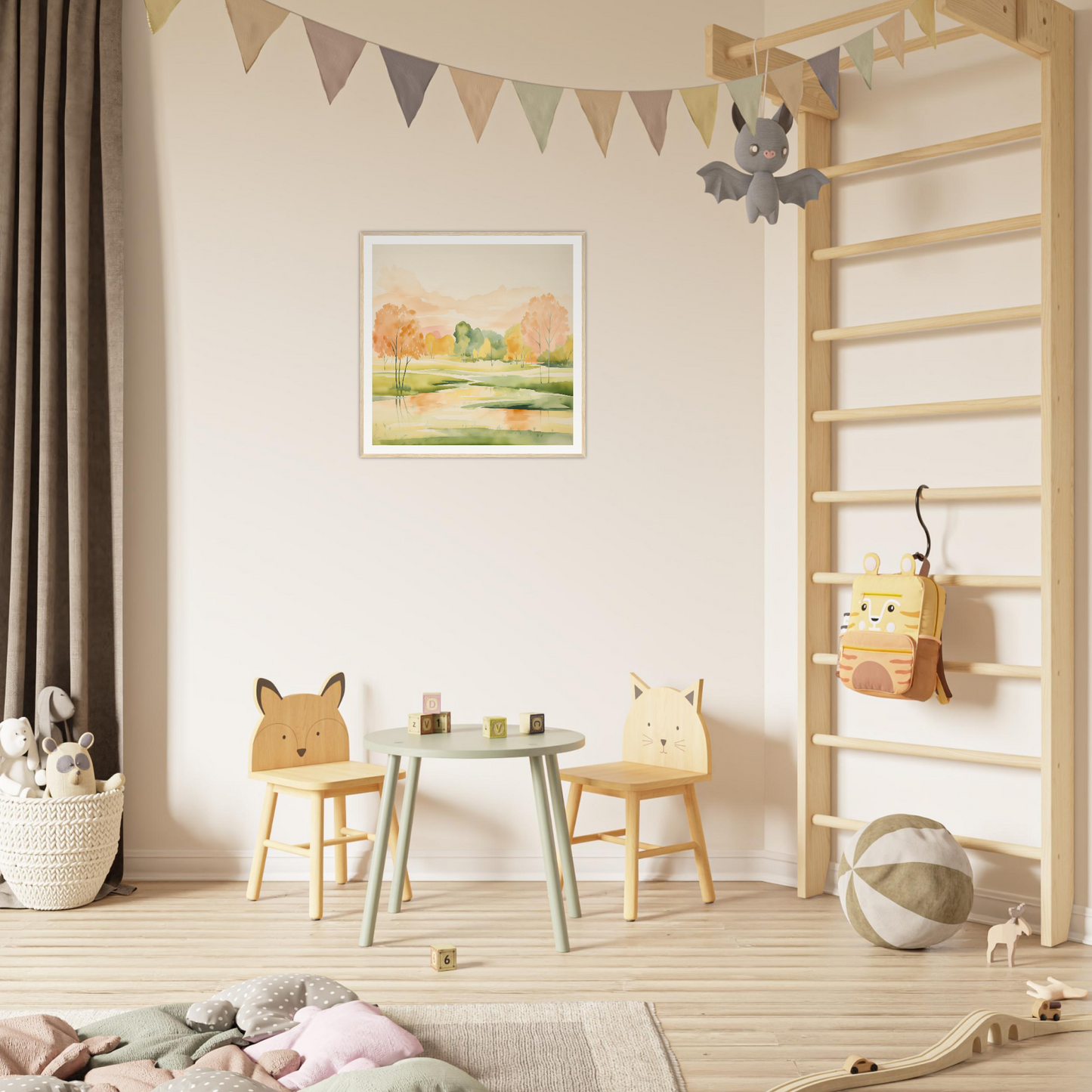Children’s play area featuring animal-themed chairs and a table from Blushing Epochs Stream
