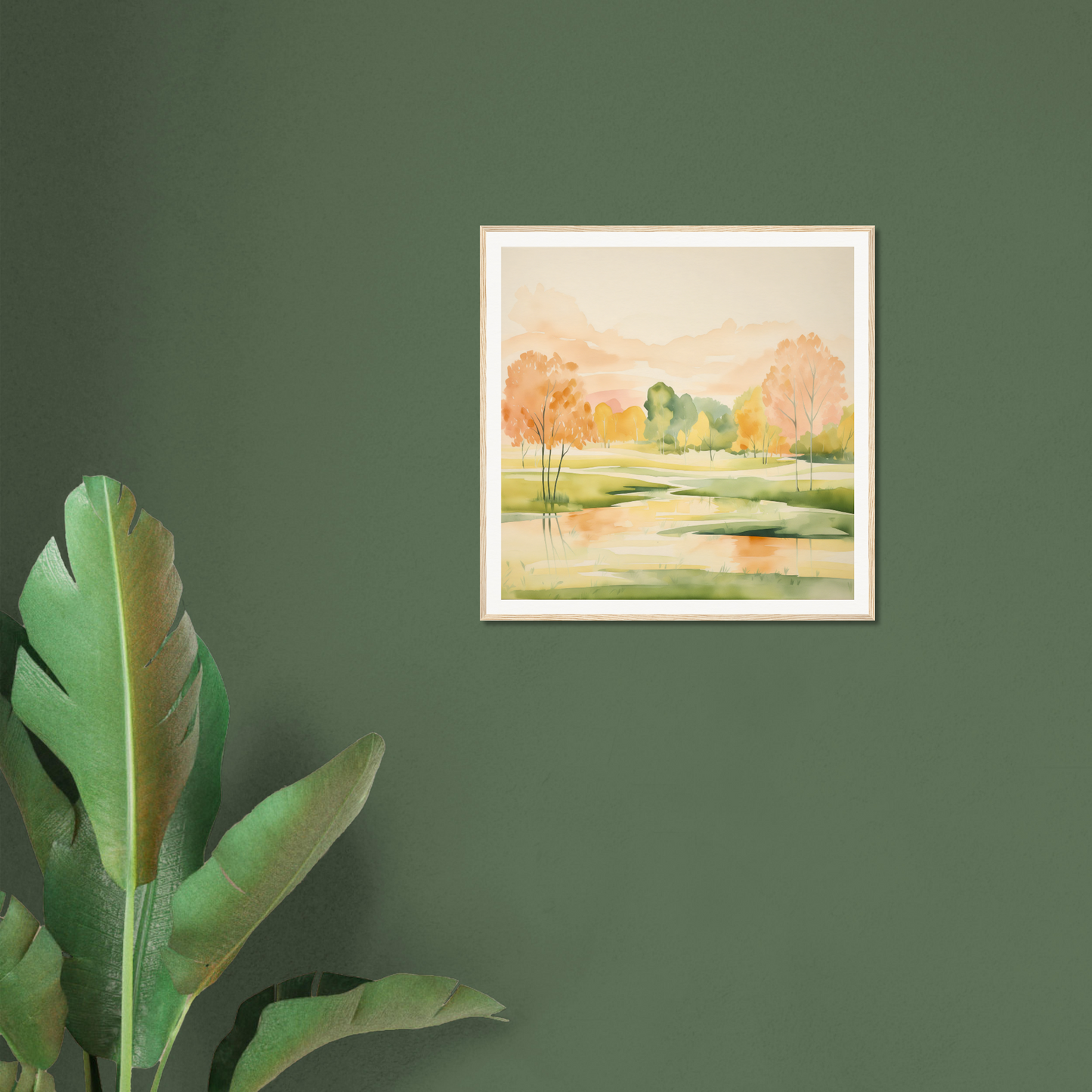 Framed watercolor landscape of autumn trees by a pond from Blushing Epochs Stream