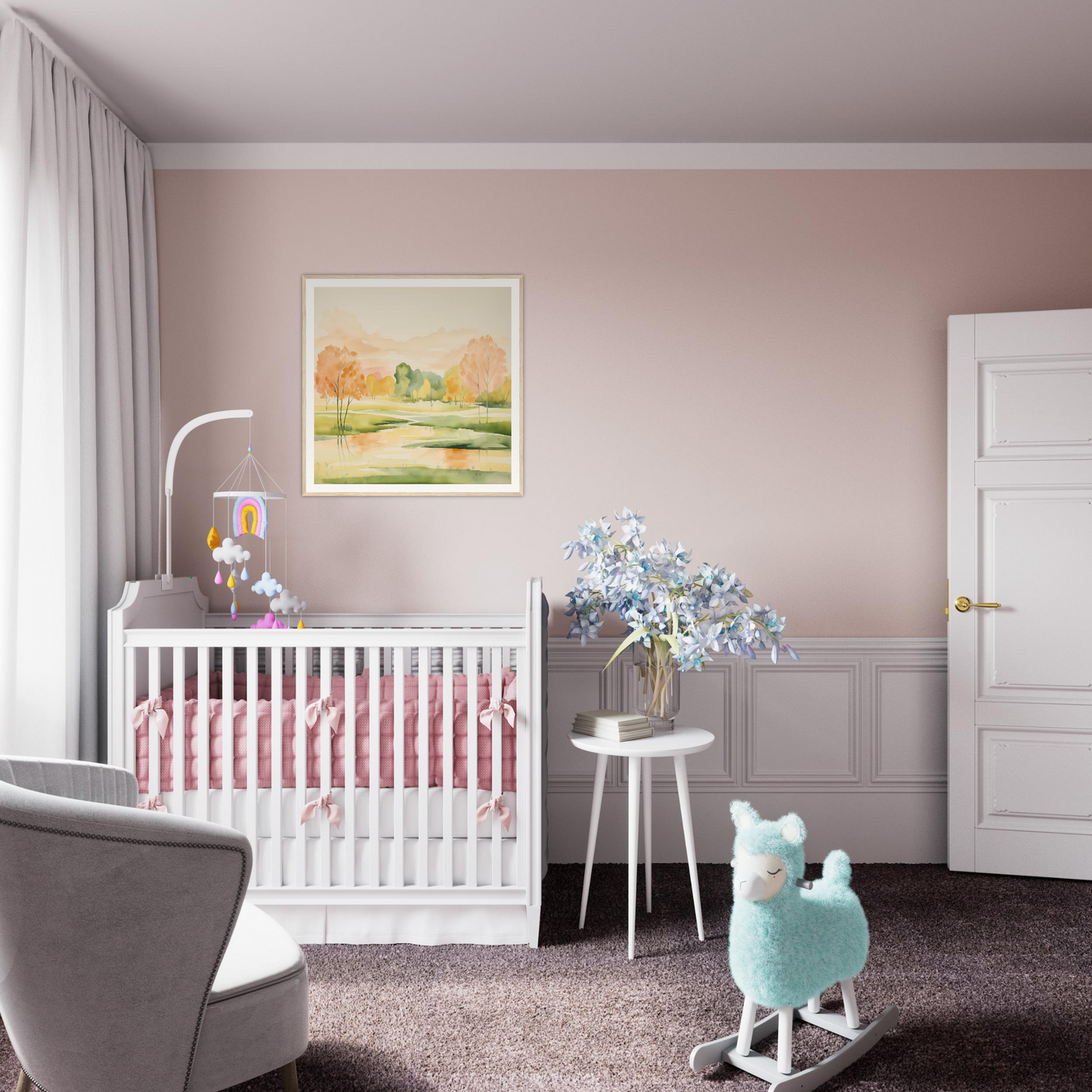 White wooden crib with pink bedding from Blushing Epochs Stream special edition art