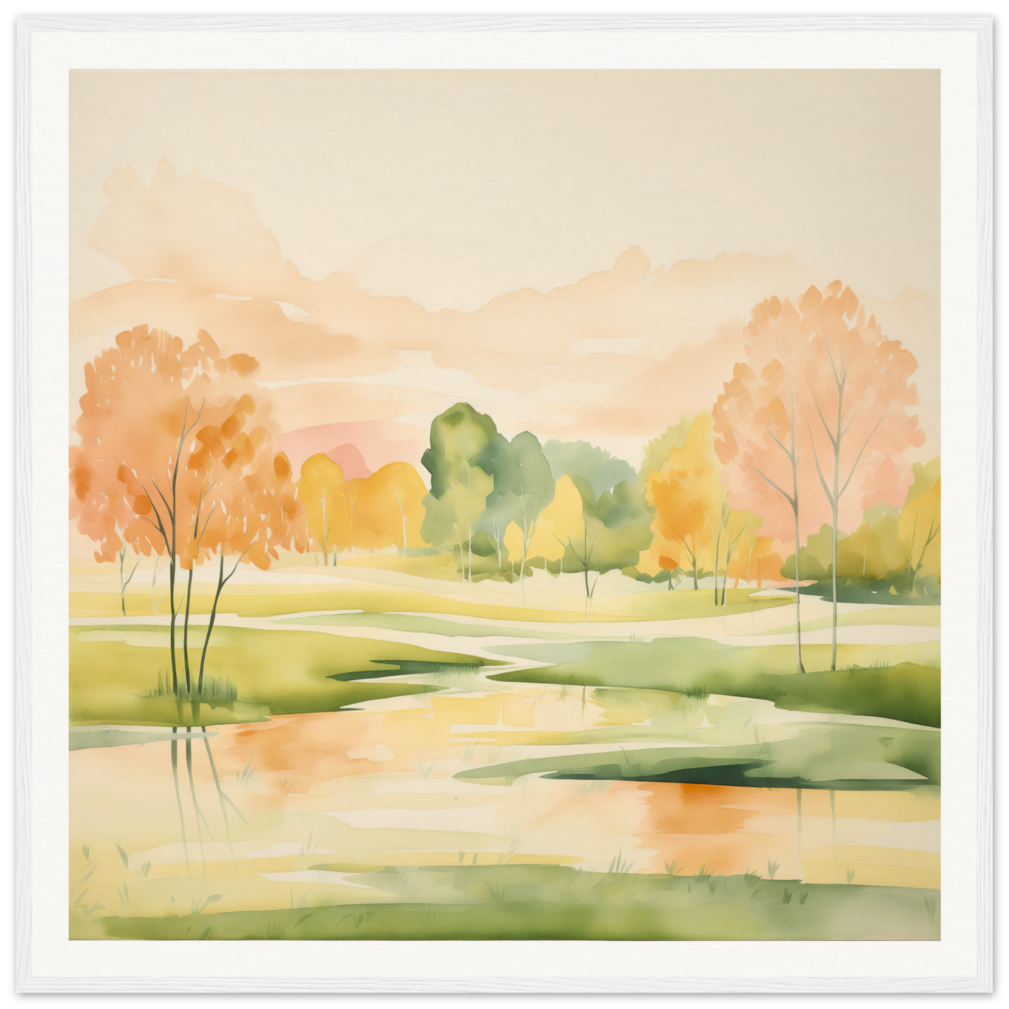 Watercolor painting of autumn landscape with reflections in Blushing Epochs Stream