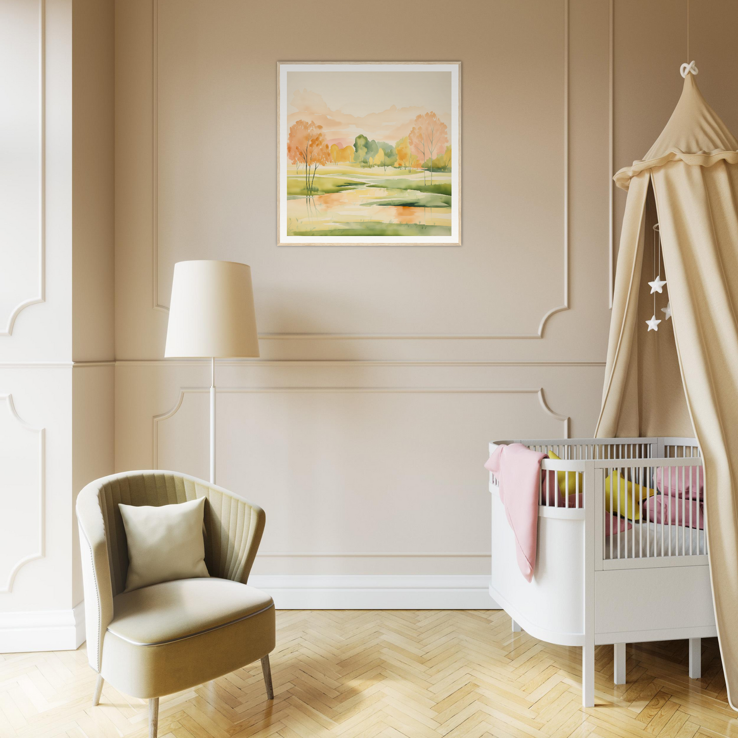 Modern nursery with white crib and canopy from Blushing Epochs Stream special edition art™