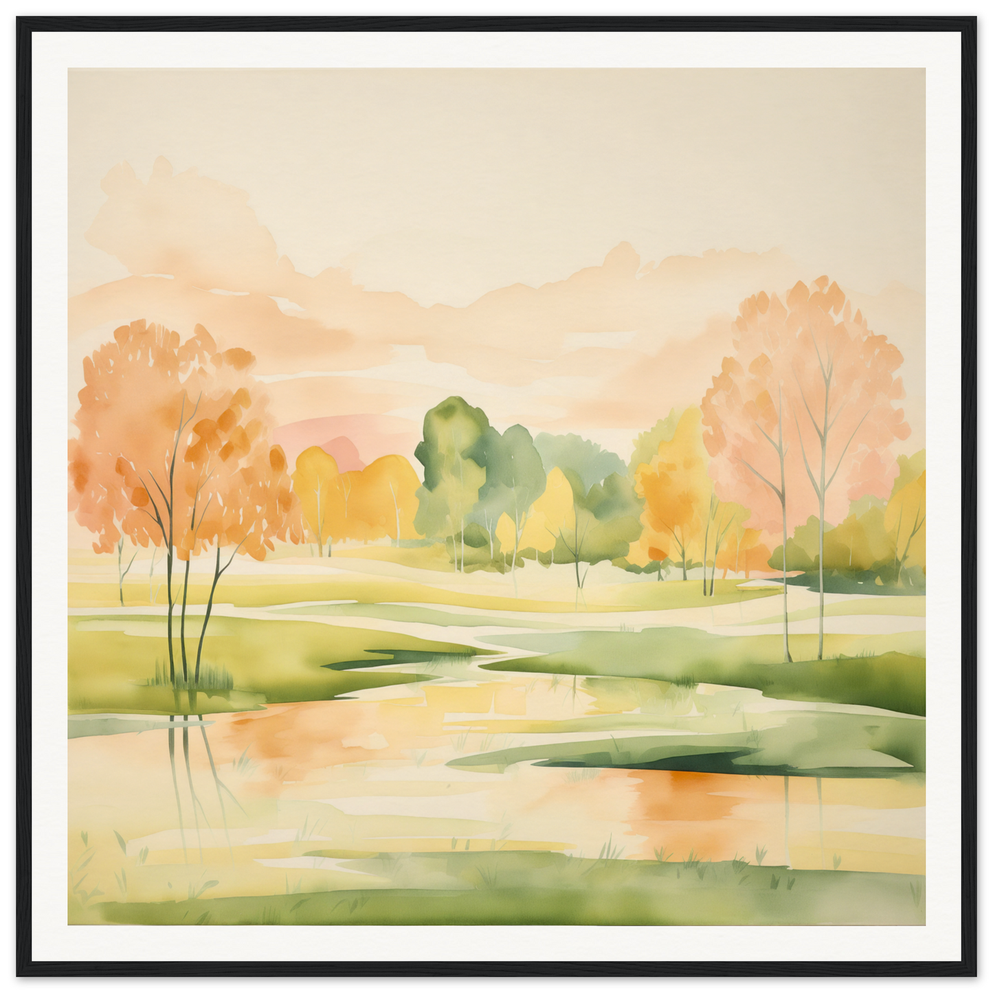Watercolor painting of autumn landscape reflected in calm water, Blushing Epochs Stream