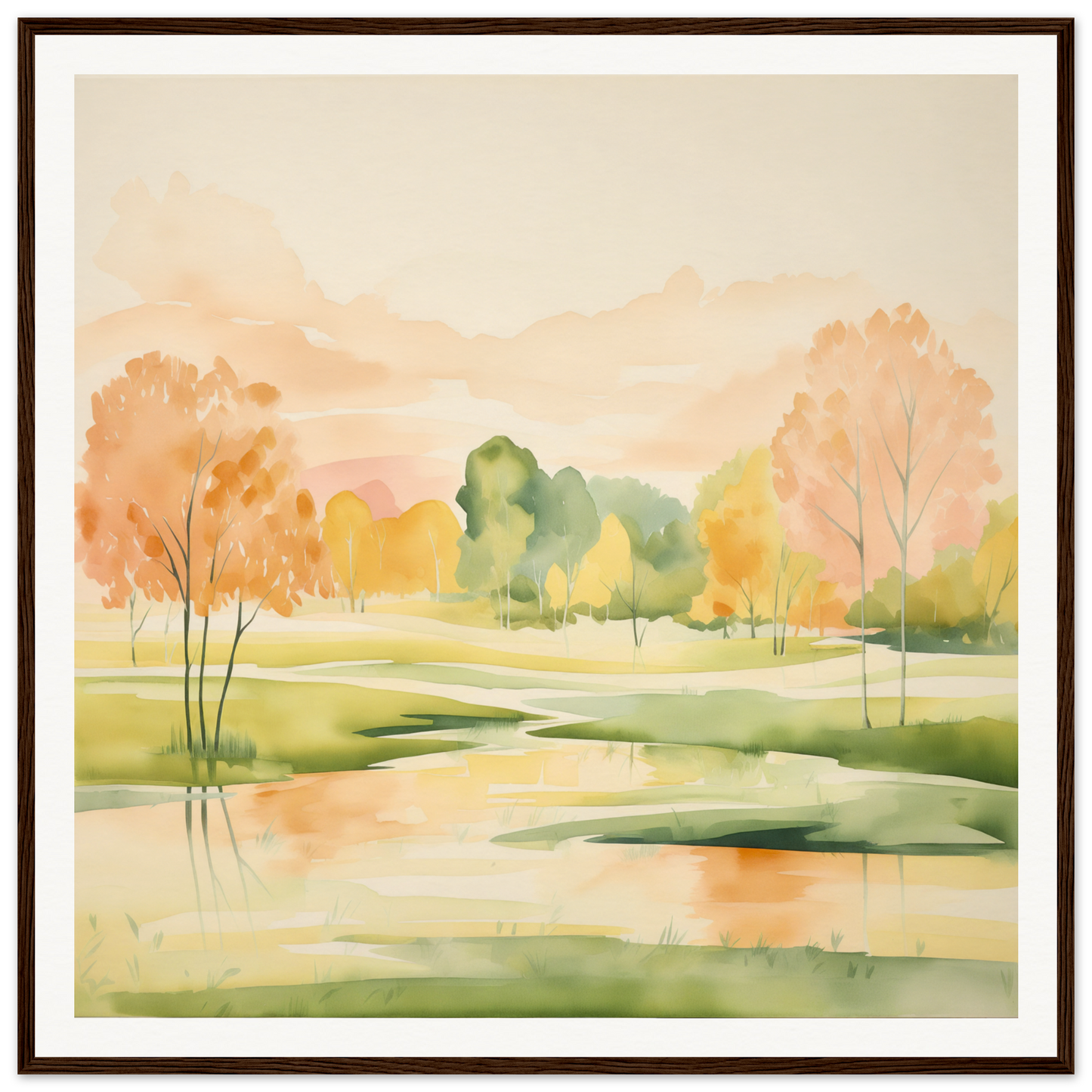 Watercolor painting of autumn landscape reflected in water from Blushing Epochs Stream