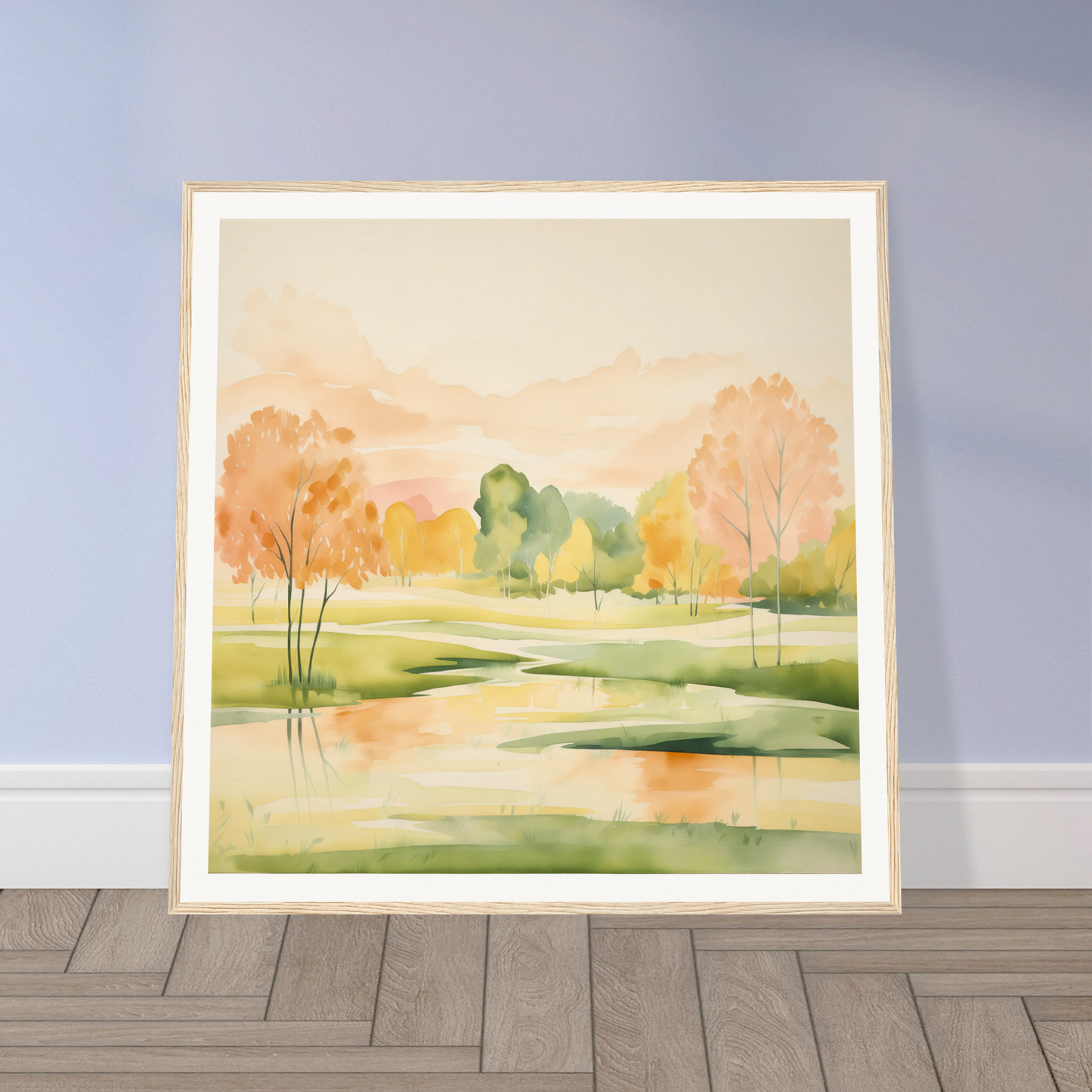 Framed watercolor painting of an autumn landscape in Blushing Epochs Stream
