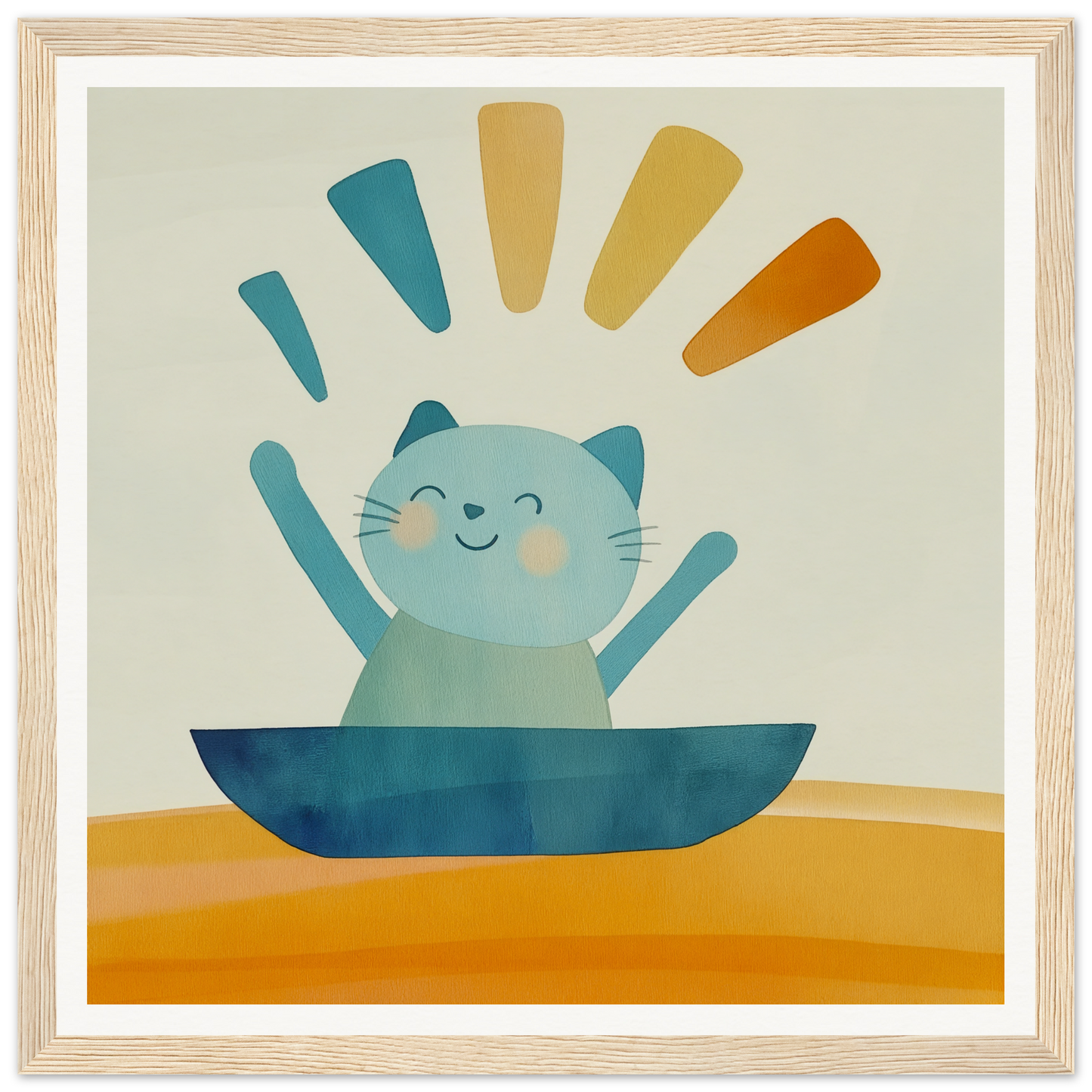 Happy cartoon cat in blue bowl, showcasing Boatbound Bliss Special Edition Art™