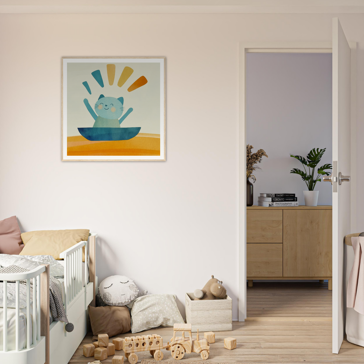 Framed artwork of a blue character in a bowl, part of Boatbound Bliss special edition art™