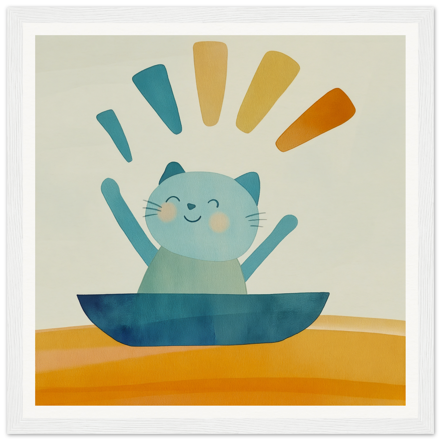 Happy cartoon cat in blue bowl with colorful rays above, featured in Boatbound Bliss