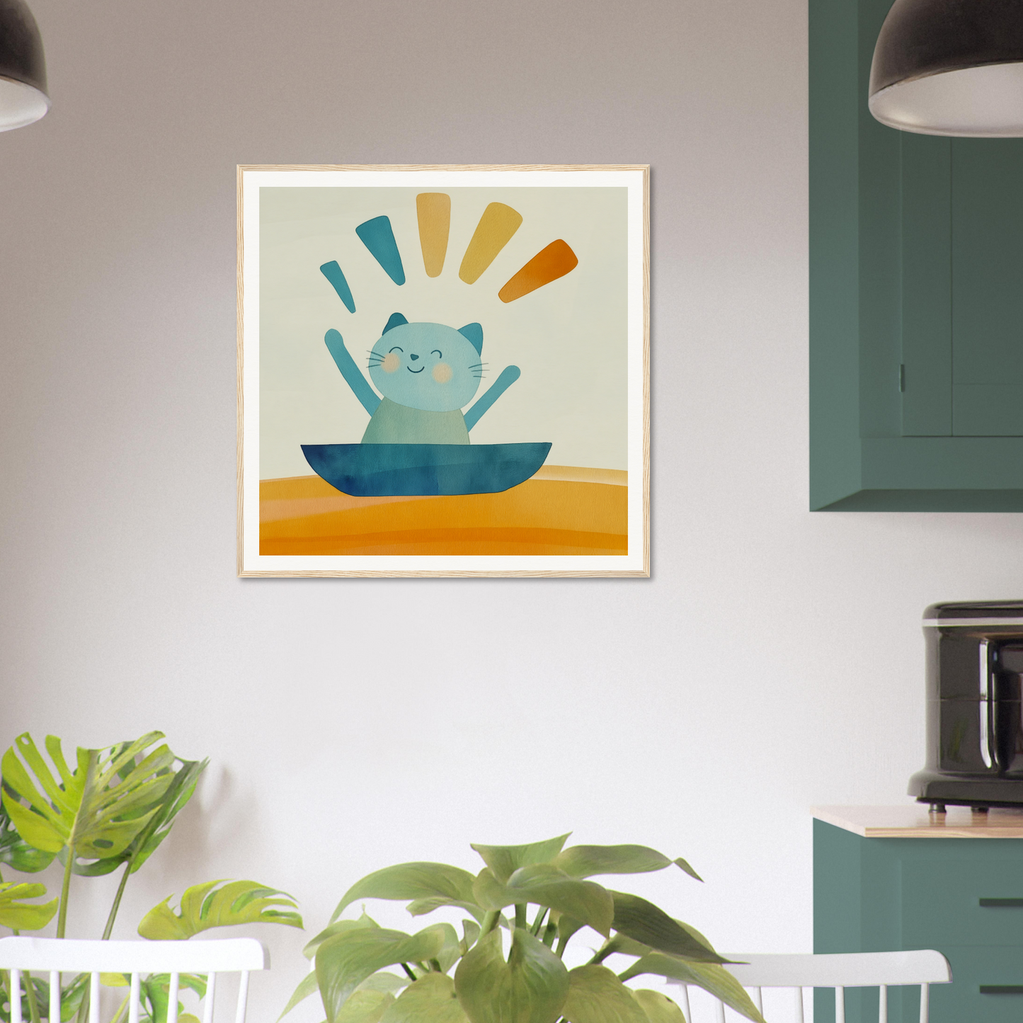 Cheerful blue cat in bowl with colorful lines in Boatbound Bliss framed art print
