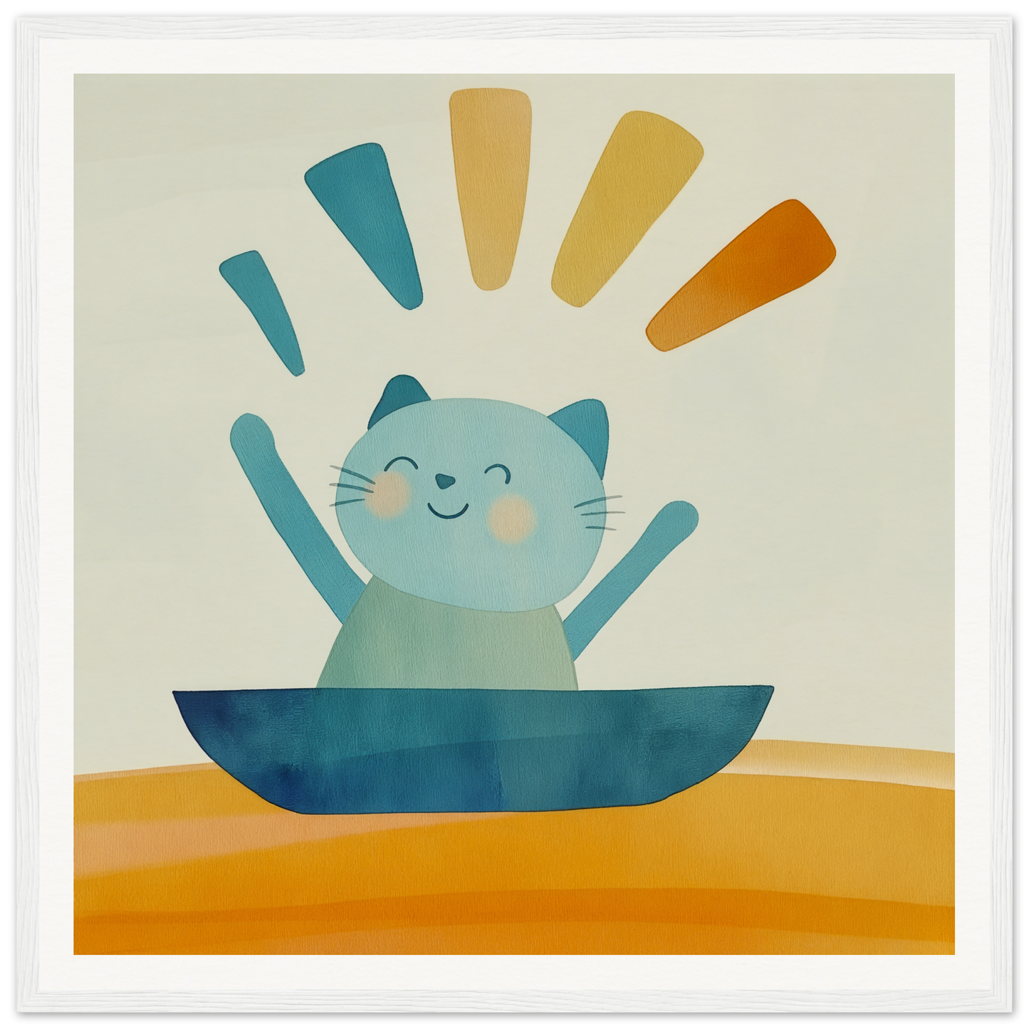 Happy blue cat in dark blue bowl with colorful rays, Boatbound Bliss Special Edition Art™