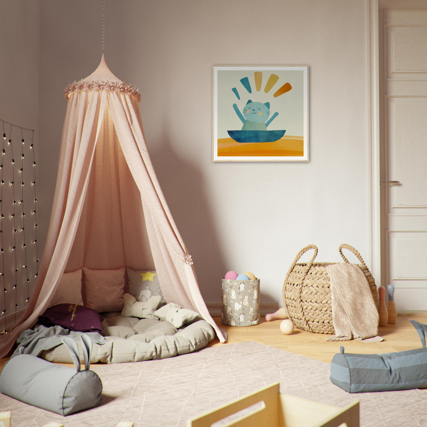 Pink canopy tent draped with fabric creates a cozy reading nook in Boatbound Bliss