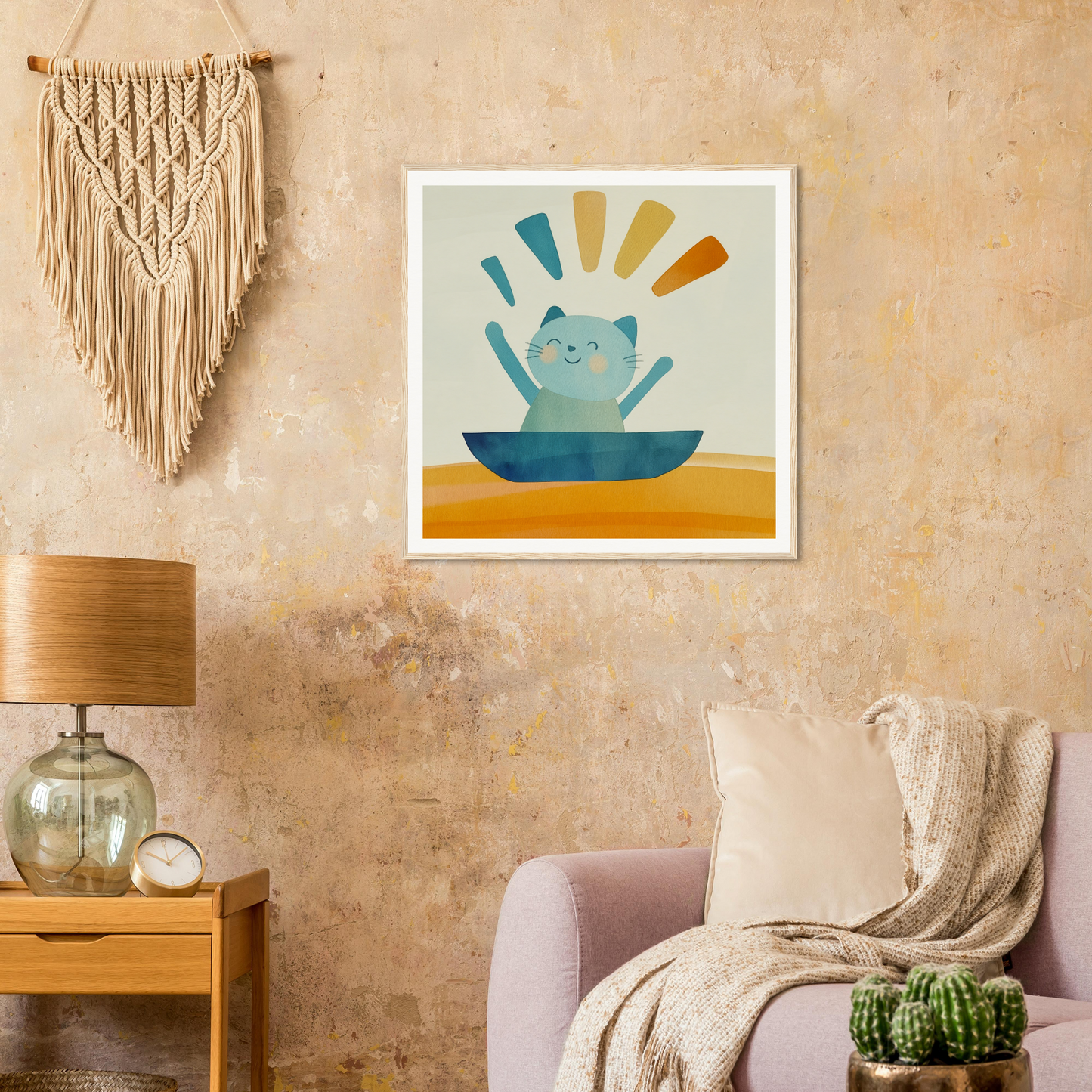 Cheerful teapot framed artwork with vibrant rays in Boatbound Bliss special edition art™
