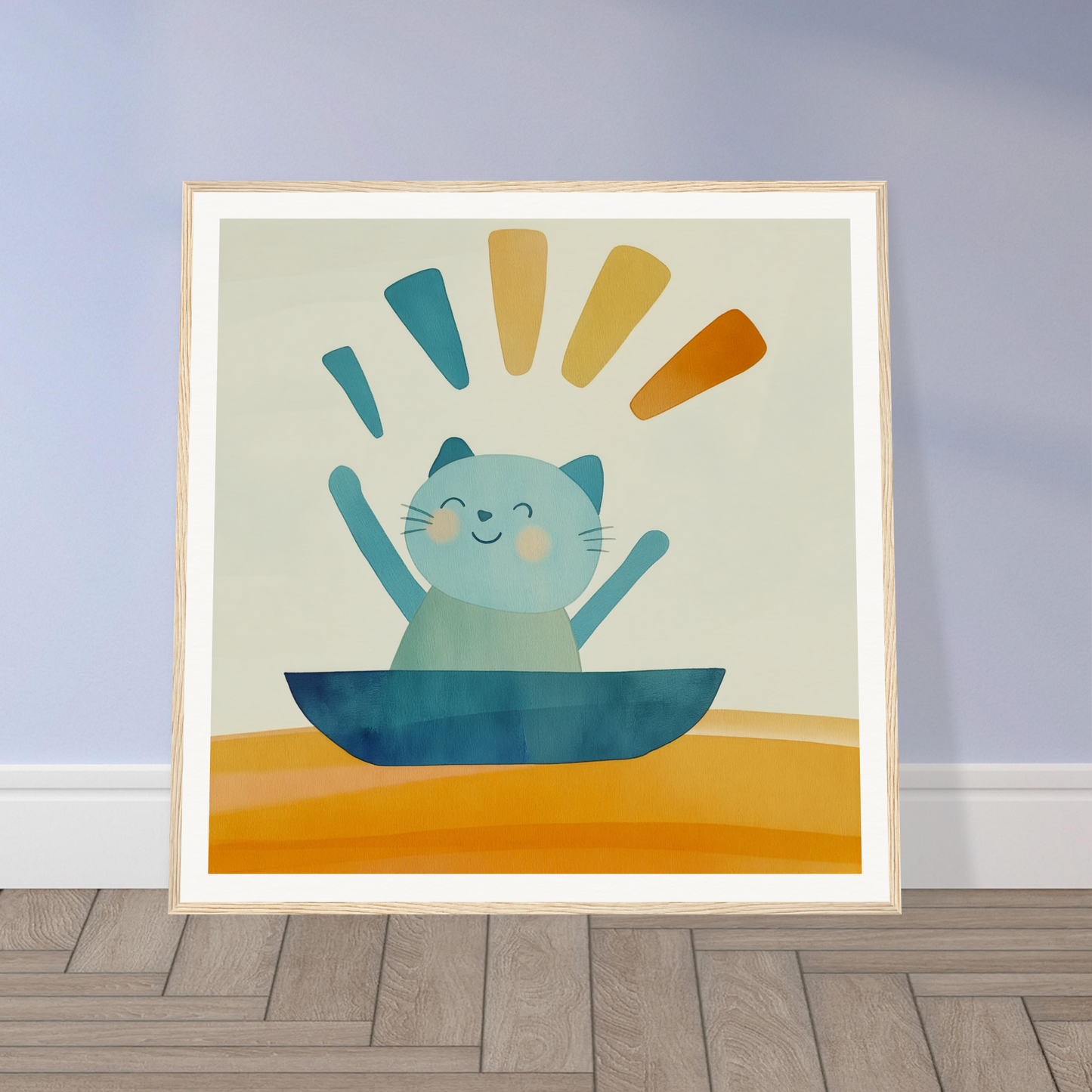 Happy cartoon cat in blue bowl with colorful rays, Boatbound Bliss framed artwork