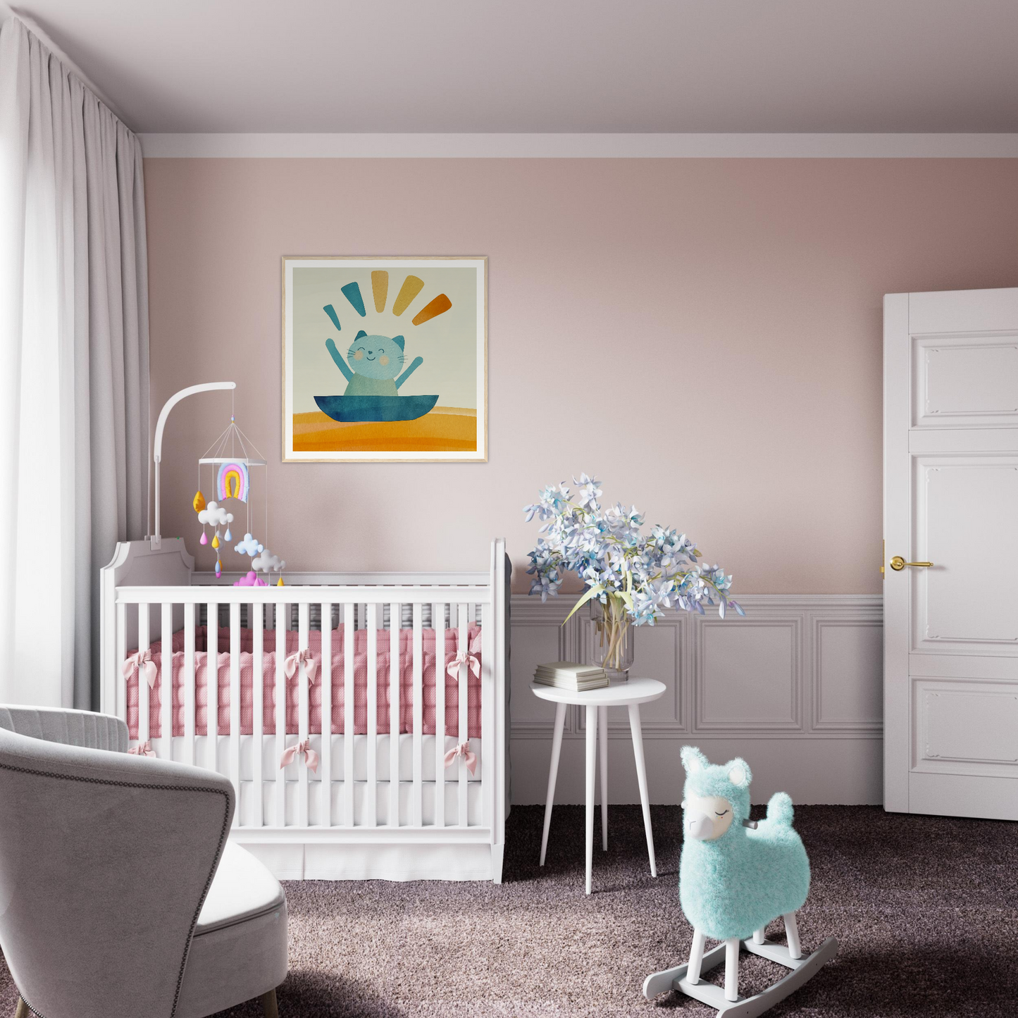 White wooden crib with pink bedding from Boatbound Bliss, a special edition art™ piece