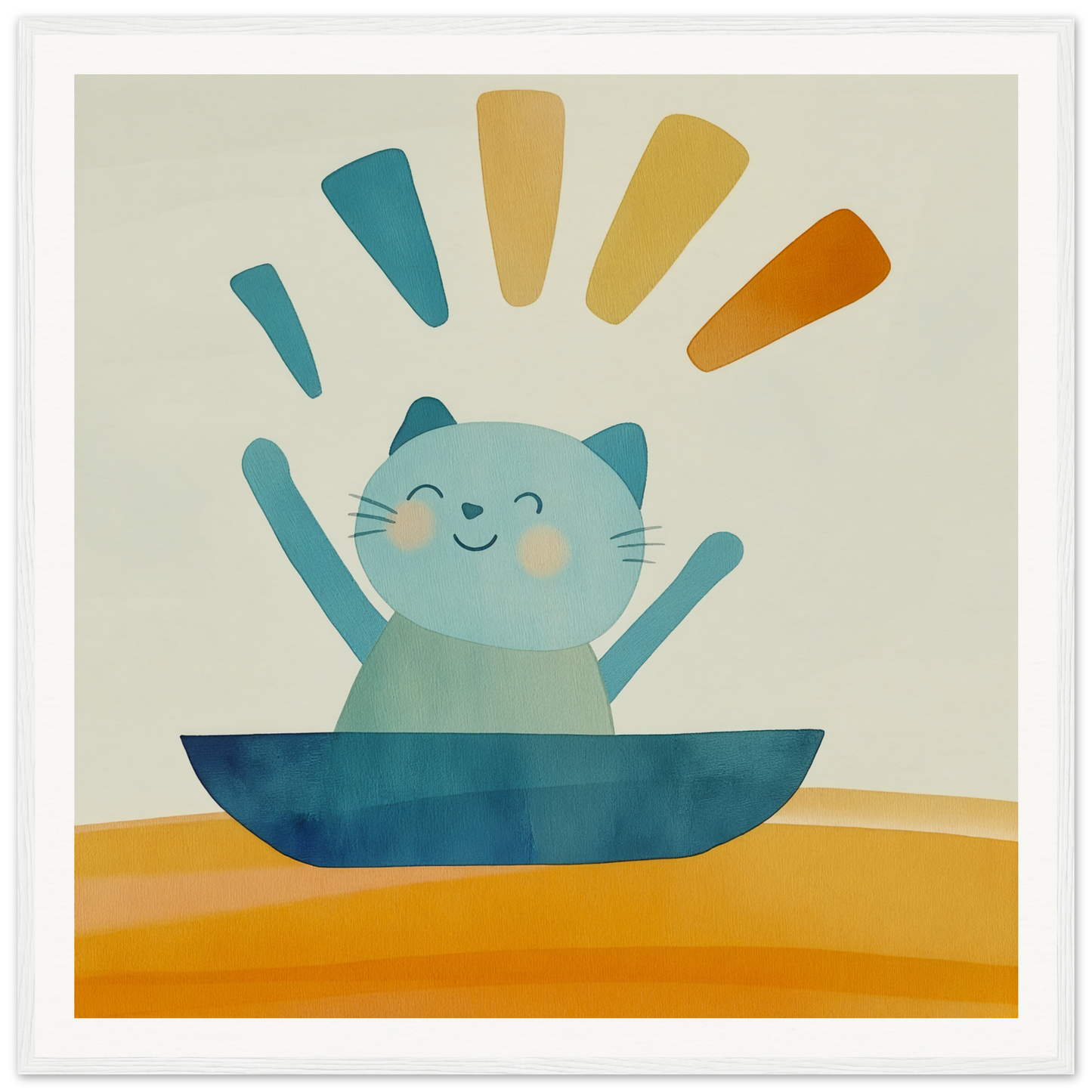 Happy cartoon cat in a blue bowl from Boatbound Bliss special edition art™
