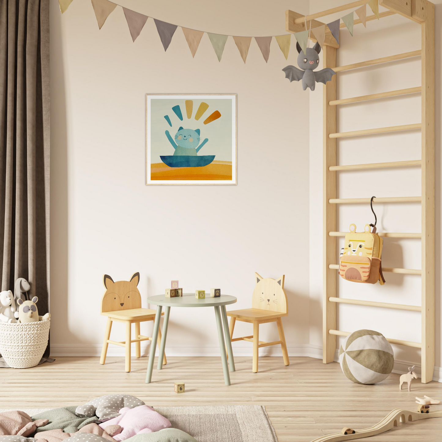 Children’s play area in Boatbound Bliss featuring animal-themed chairs and round table
