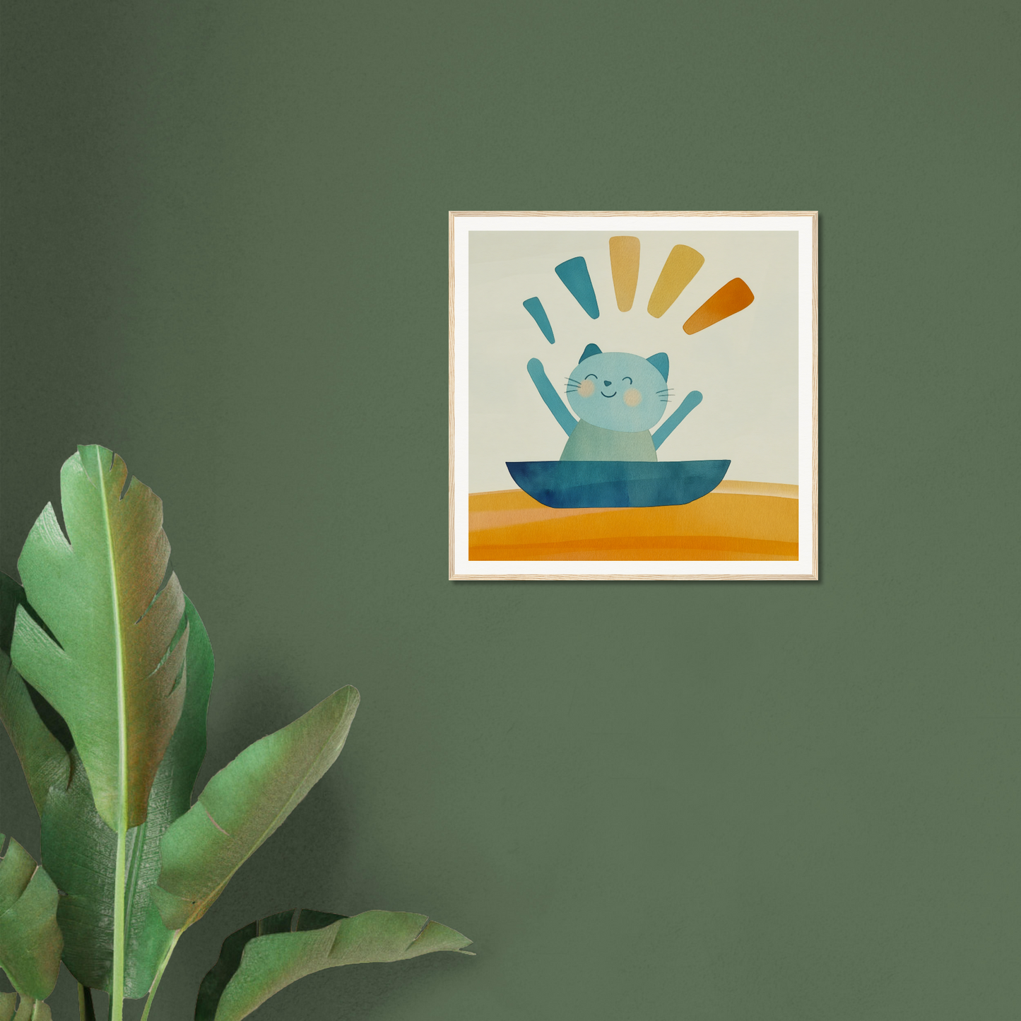 Framed artwork of a cheerful blue cat in a bowl, part of Boatbound Bliss collection