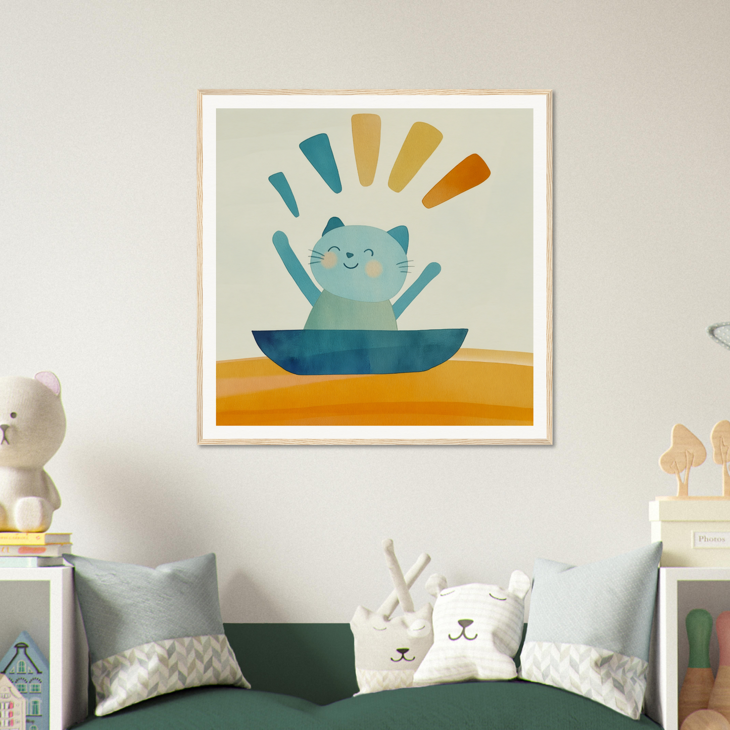 Cheerful cartoon cat in a blue bowl with rays, part of Boatbound Bliss special edition art™