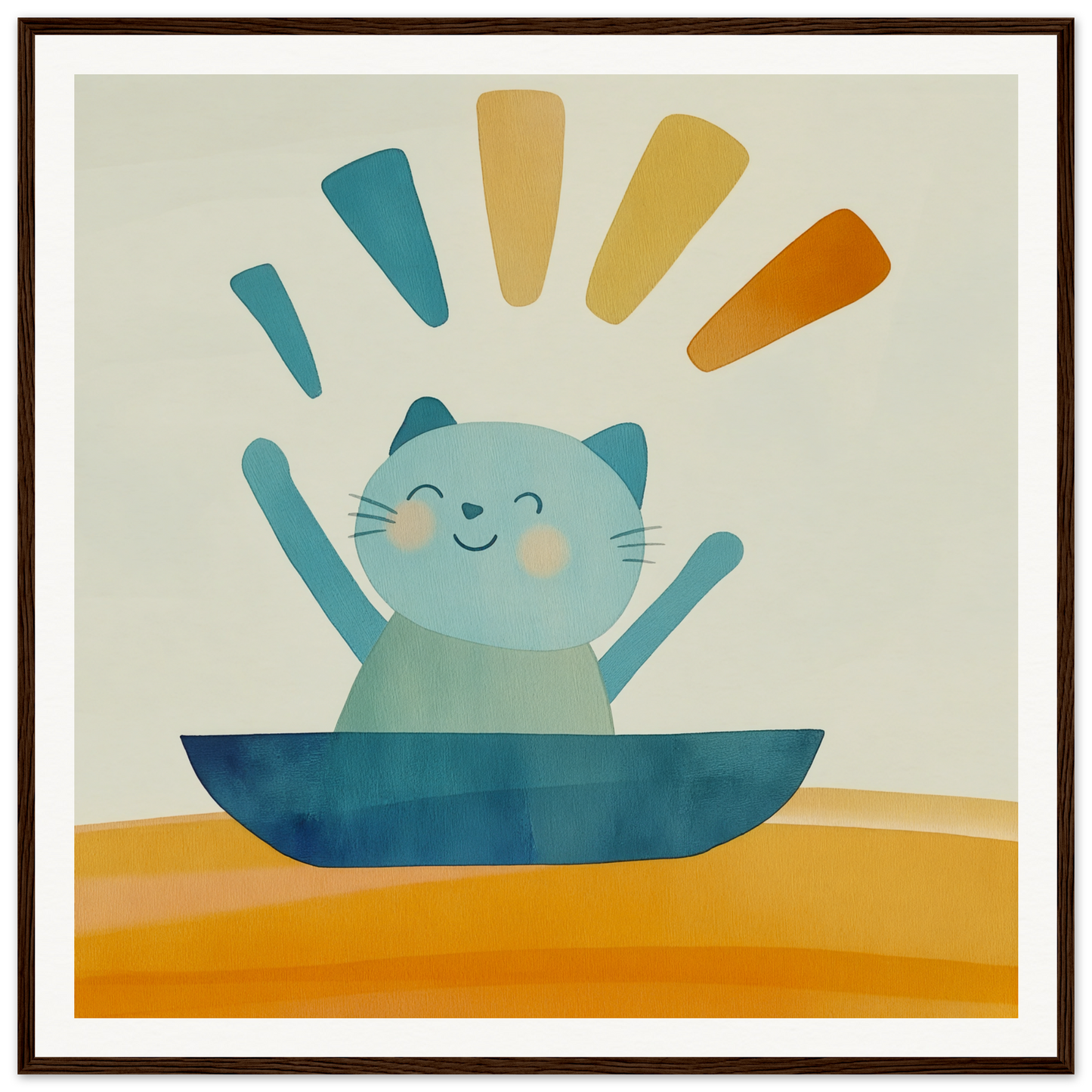 Happy cartoon cat in a blue bowl from the Boatbound Bliss special edition art™