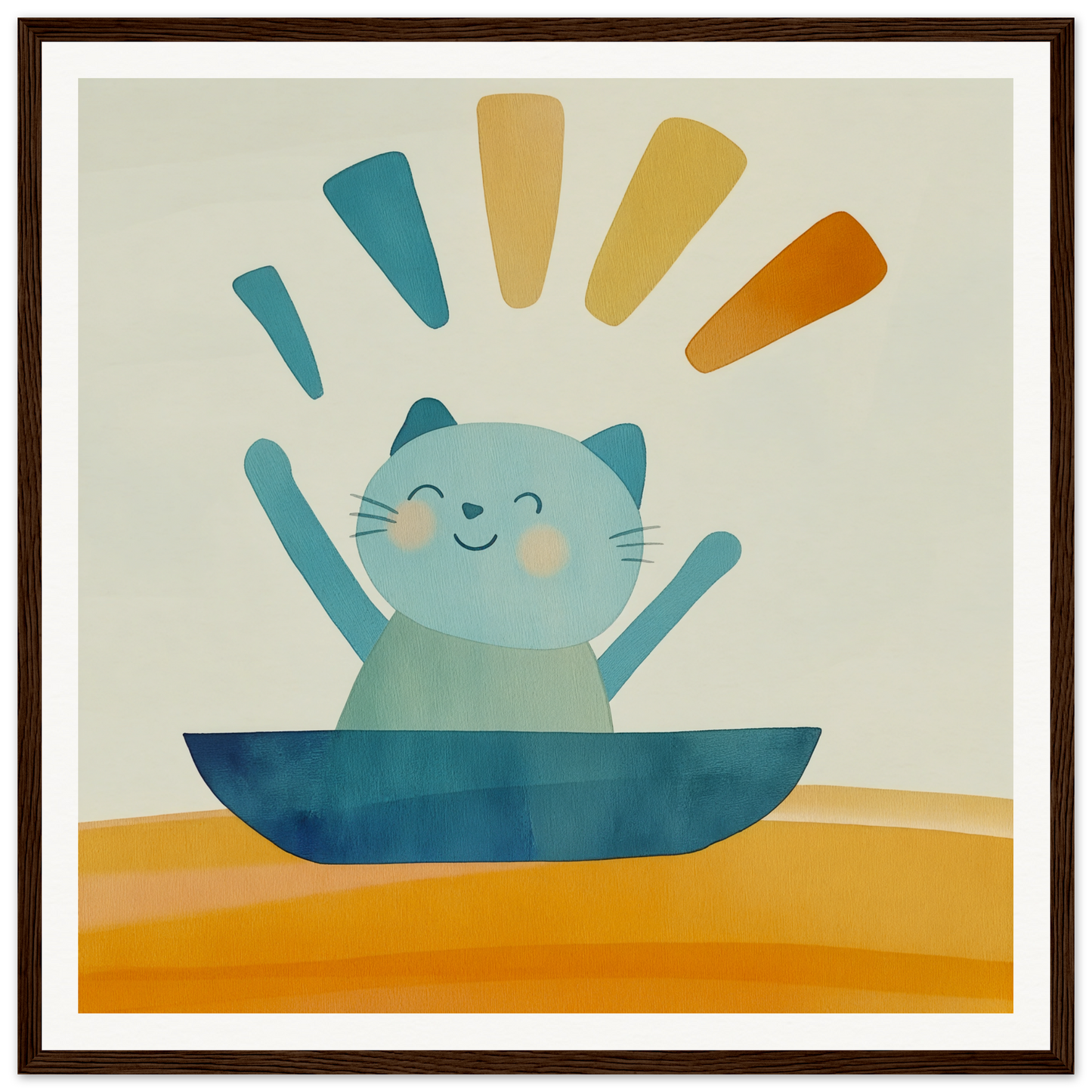 Happy cartoon cat in a blue bowl for Boatbound Bliss framed special edition art™
