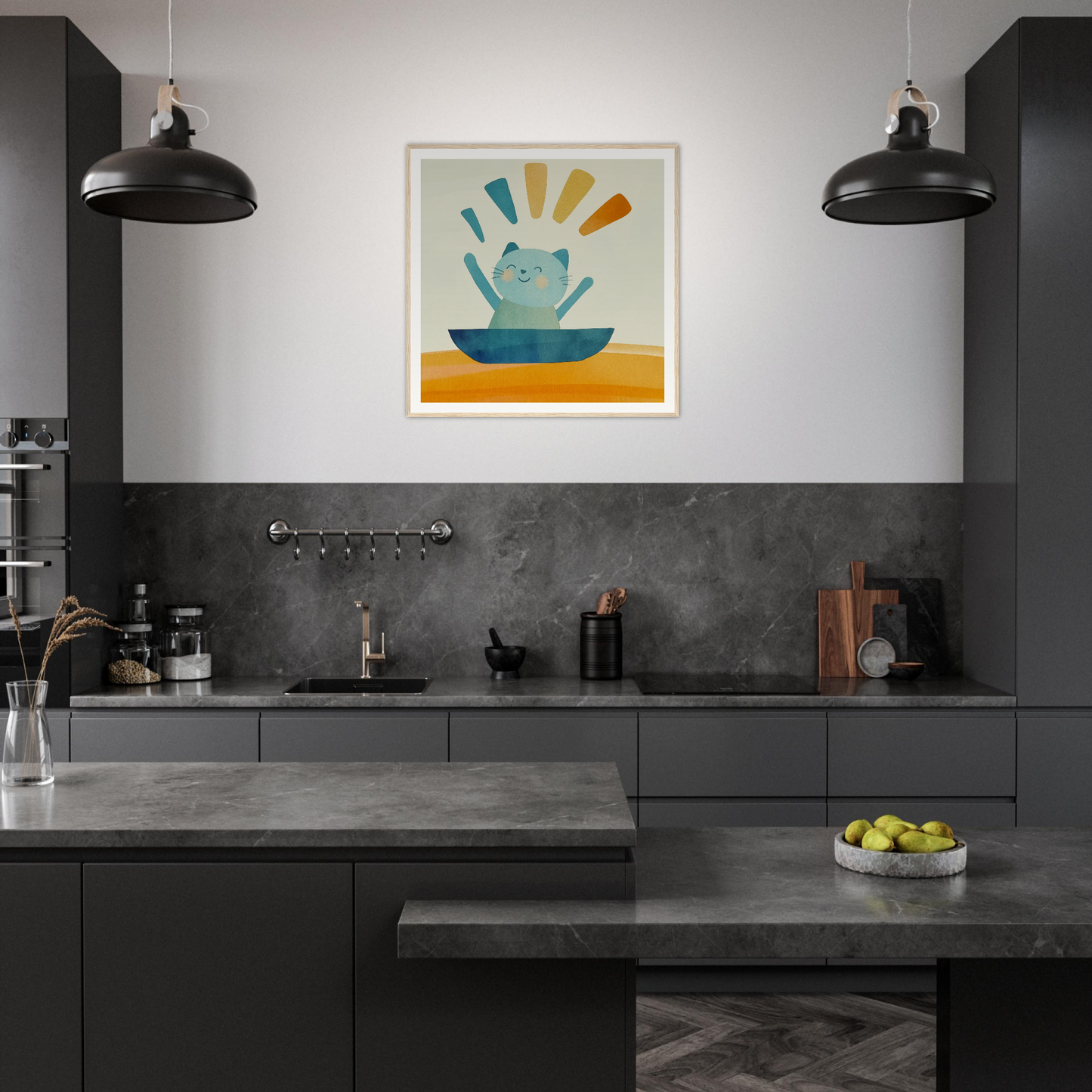 Modern dark gray kitchen with cheerful cat artwork, showcasing Boatbound Bliss framed art