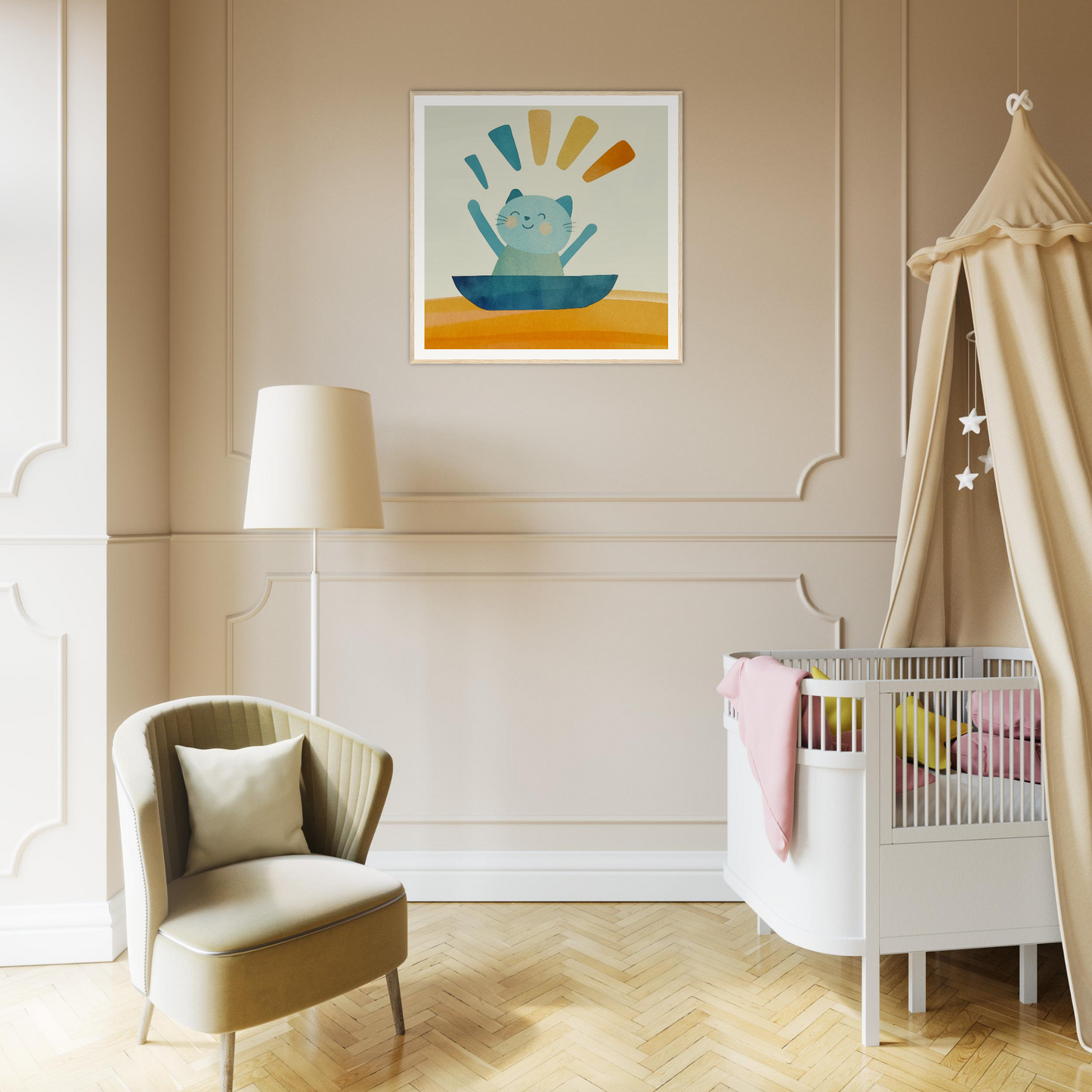 Whimsical teapot art print in Boatbound Bliss nursery with armchair and canopy crib