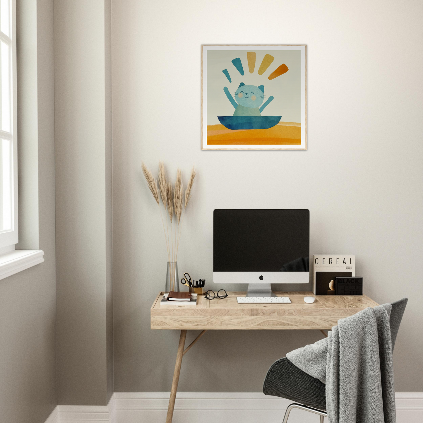 Minimalist workspace with iMac on wooden desk showcasing Boatbound Bliss Framed art™