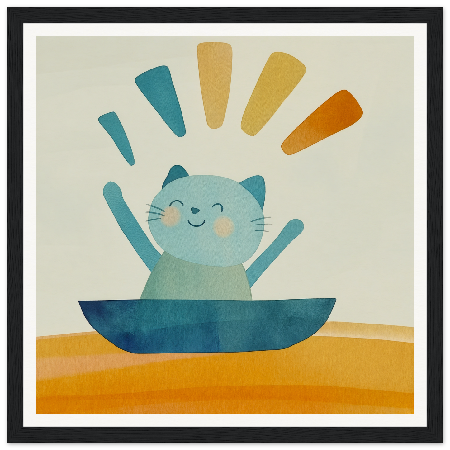 Happy blue cat in navy bowl, featured in Boatbound Bliss special edition art™