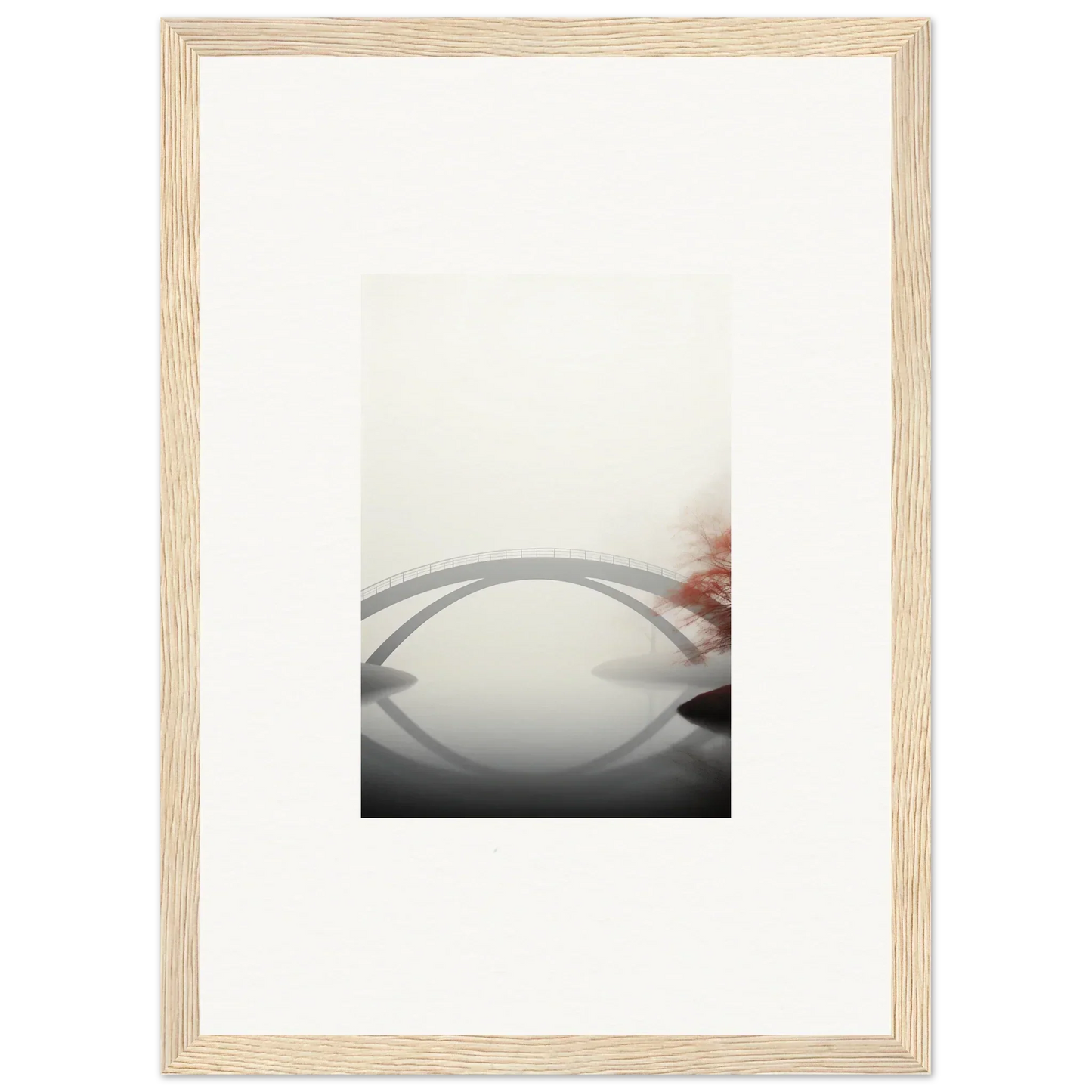 Framed wall art featuring curved gray shape, ideal for room decor and bridge reflection theme