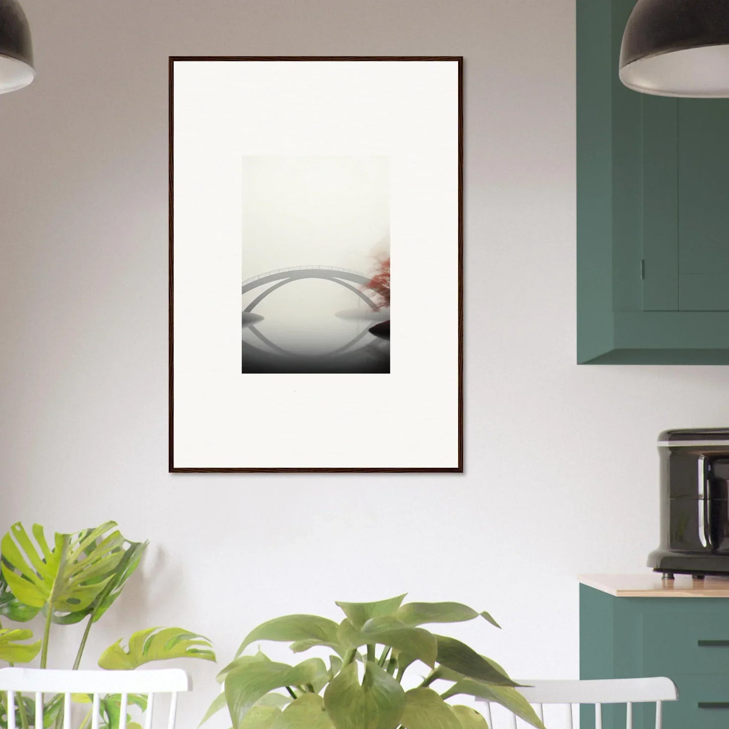 Framed minimalist wall art of a misty bridge reflection for stylish room decor
