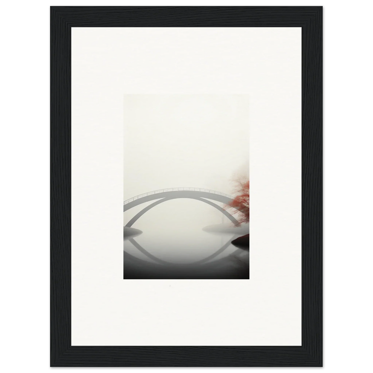 Curved metal bridge reflection in fog, perfect for room decor and framed wall art