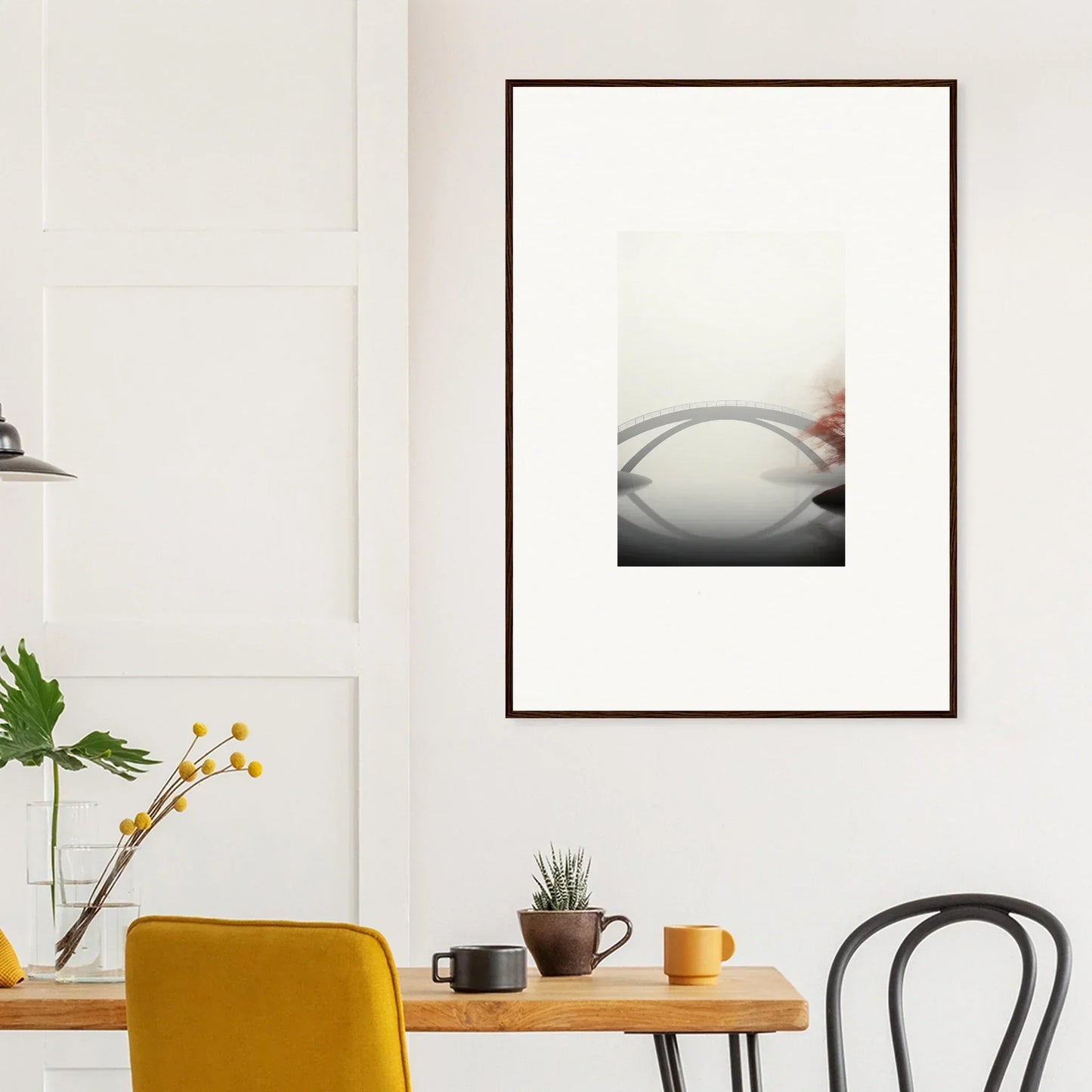 Framed wall art of a misty bridge reflection for elegant room decor