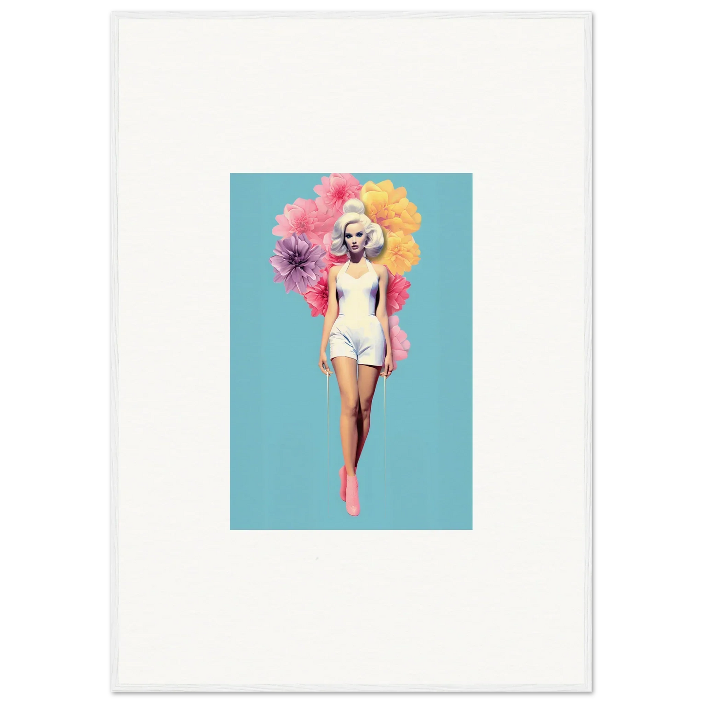 Vintage figure in white swimsuit with flowers, showcasing Bubbling Radiant Essence art