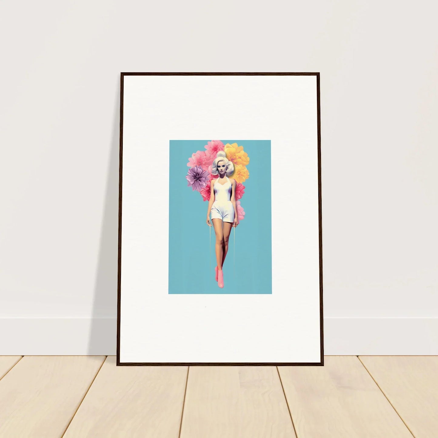 Framed wall art of a figure in a white swimsuit with a colorful umbrella, Bubbling Radiant Essence