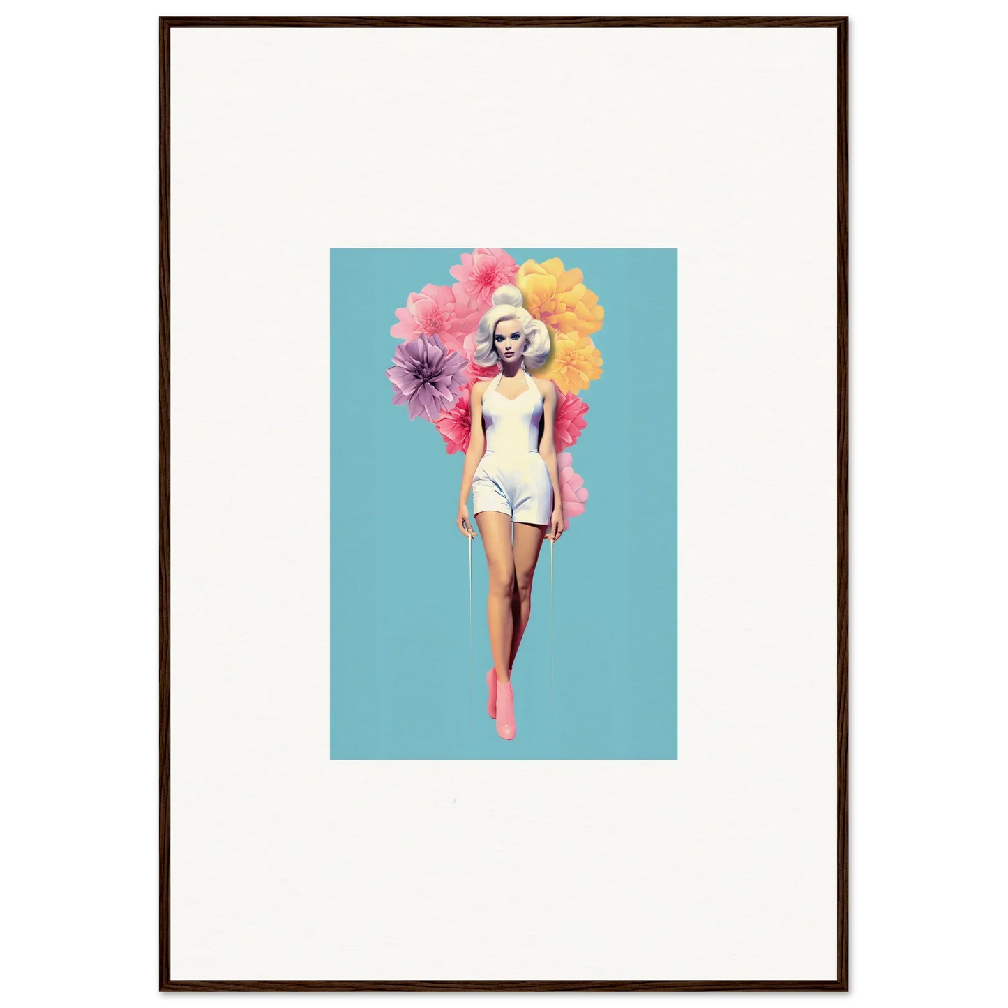 Framed wall art of a figure in white swimwear with colorful florals, Bubbling Radiant Essence