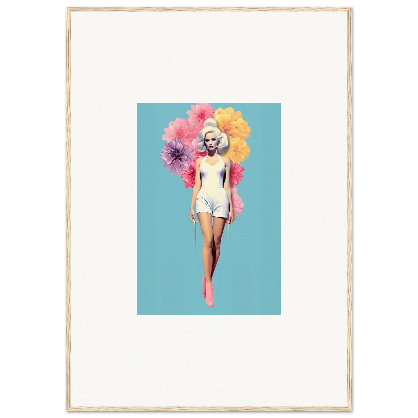 Figure in a white swimsuit with colorful blooms for Bubbling Radiant Essence art piece